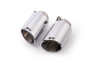Stainless steel tail pipe set 2 tail pipes Ø 102 mm angled/angled, rolled edge, chromed, with adjustable spherical clamp connection, "R“ Logo