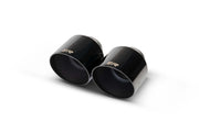 Stainless steel exhaust tail pipe set 2 tail pipes Ø 115 mm angled (shorter length 145 mm), engraved, Black Chrome, with adjustable spherical clamp connection