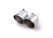 Stainless steel tail pipe set 2 tail pipes Ø 115 mm angled (shorter length 145 mm), engraved, chromed, with adjustable spherical clamp connection