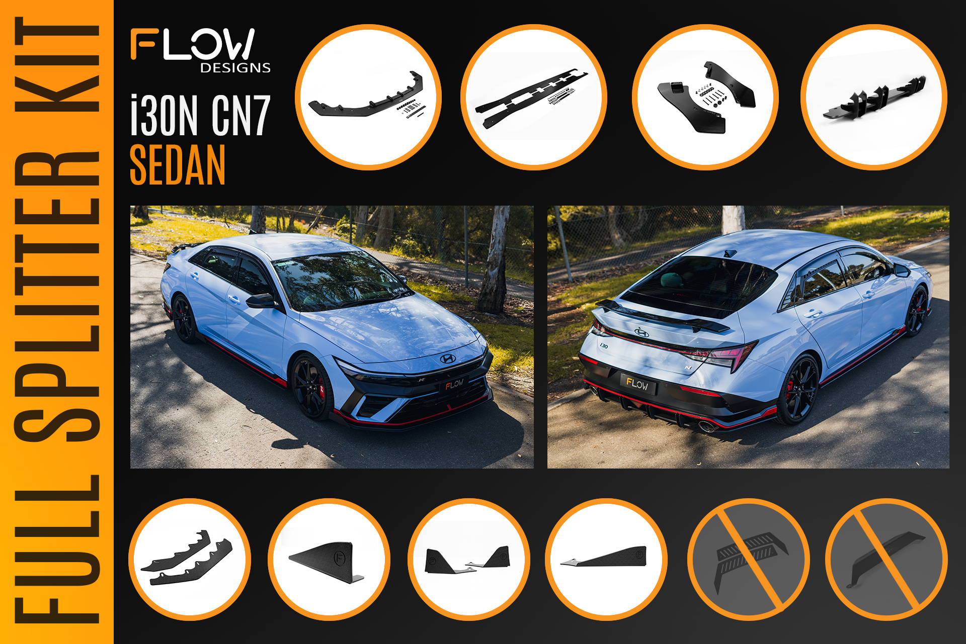 FLOW Designs  CN7 V2 i30N Sedan FL 2024 Full Lip Splitter Set - MODE Auto Concepts