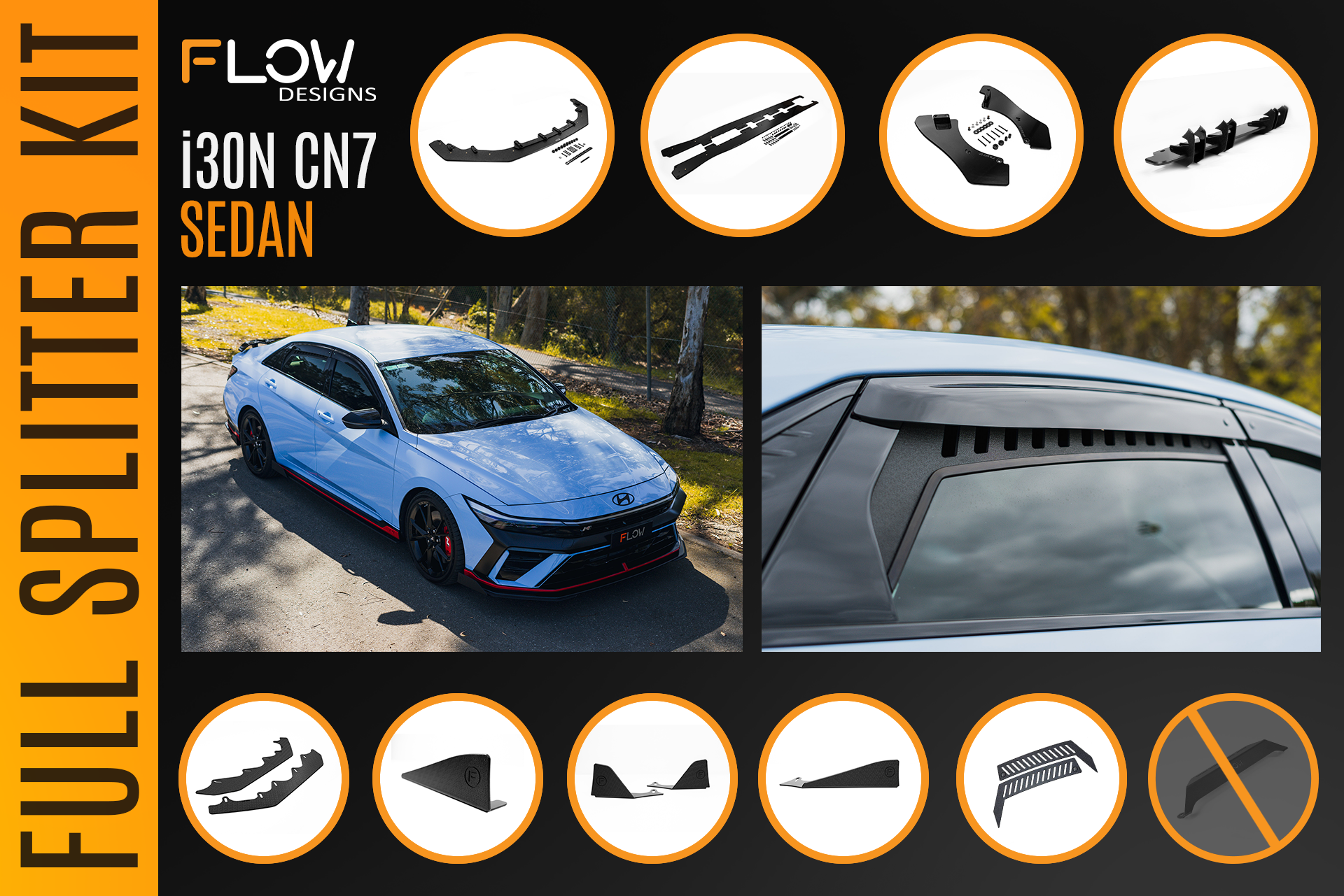 FLOW Designs  CN7 V2 i30N Sedan FL 2024 Full Lip Splitter Set - MODE Auto Concepts