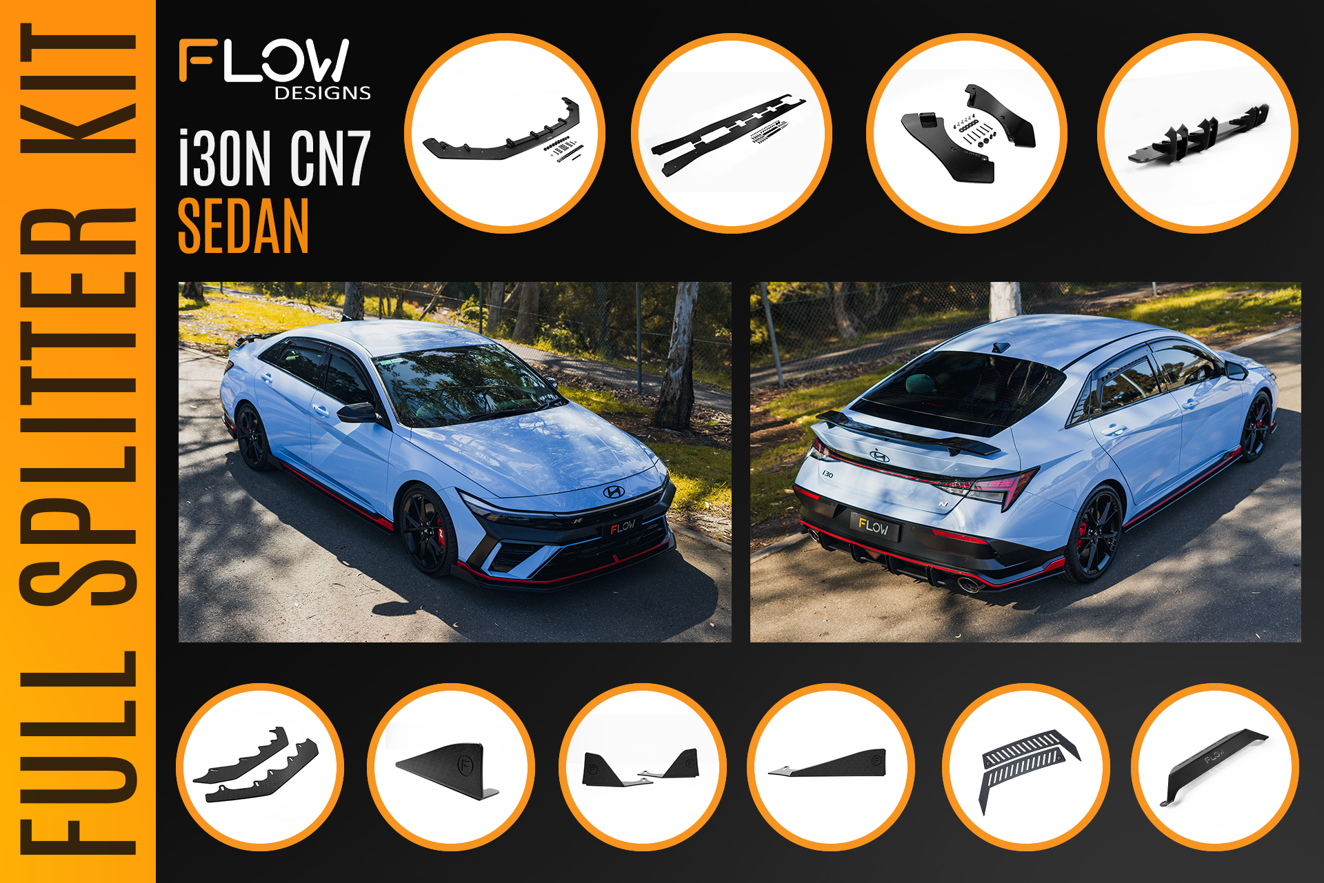 FLOW Designs  CN7 V2 i30N Sedan FL 2024 Full Lip Splitter Set - MODE Auto Concepts