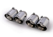 tail pipe set consisting of 4 stainless steel Chromed tail pipes Ø 102 mm angled cut (shorty - 145mm length), with adjustable spherical clamp connection