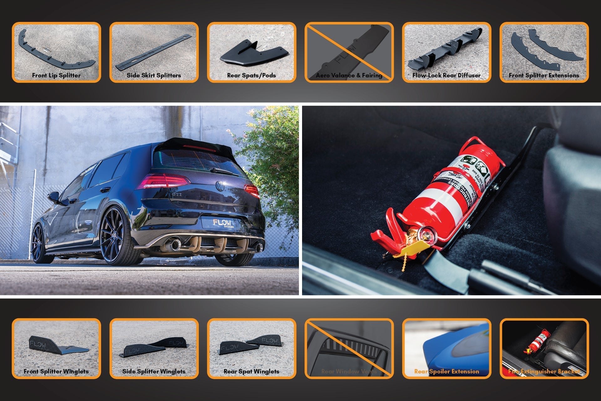 FLOW Designs  MK7.5 Golf R Full Lip Splitter Set with Flow-Lock Rear Diffuser - MODE Auto Concepts