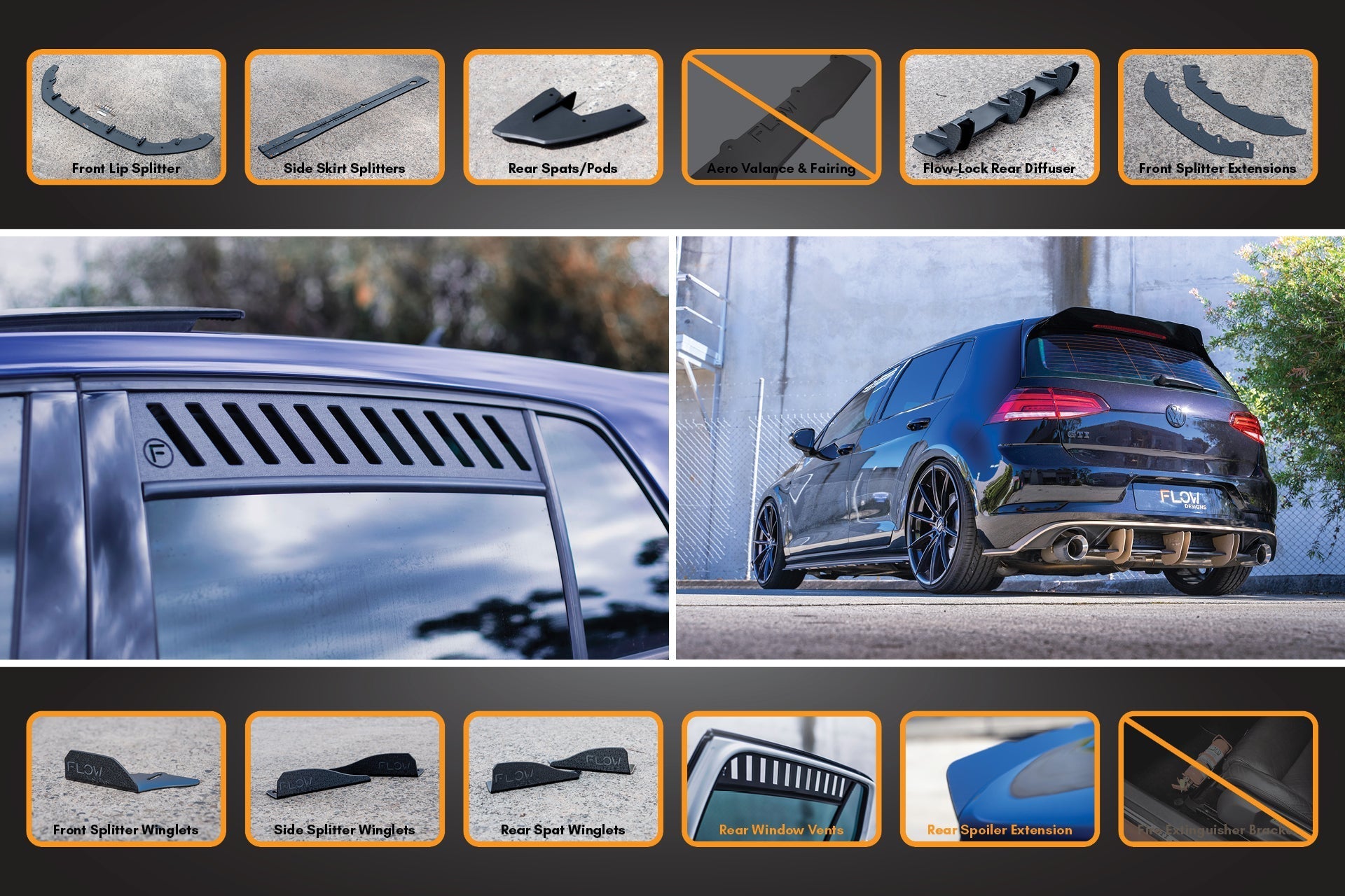 FLOW Designs  MK7.5 Golf R Full Lip Splitter Set with Flow-Lock Rear Diffuser - MODE Auto Concepts