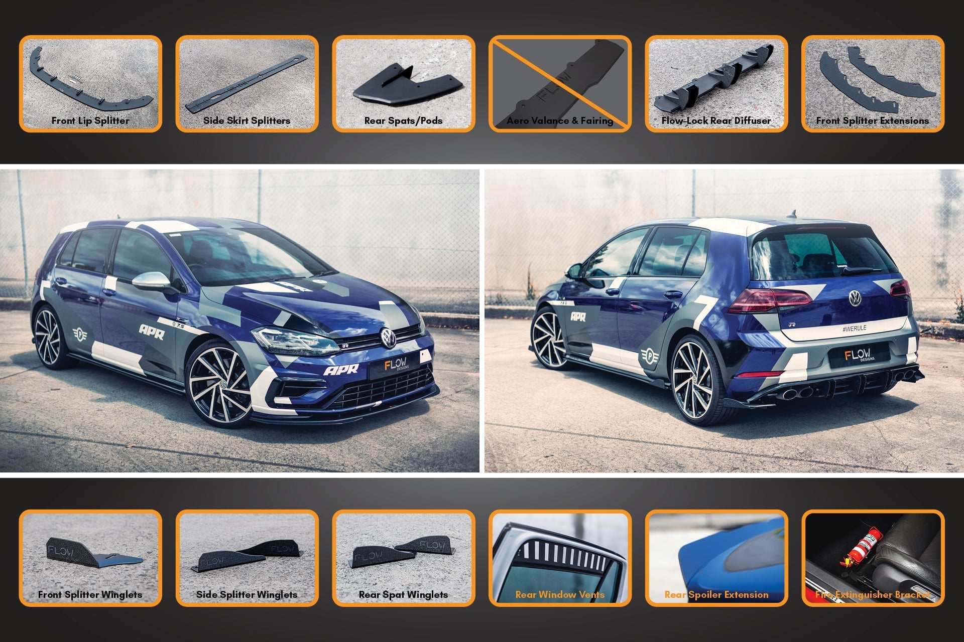 FLOW Designs  MK7.5 Golf R Full Lip Splitter Set with Flow-Lock Rear Diffuser - MODE Auto Concepts
