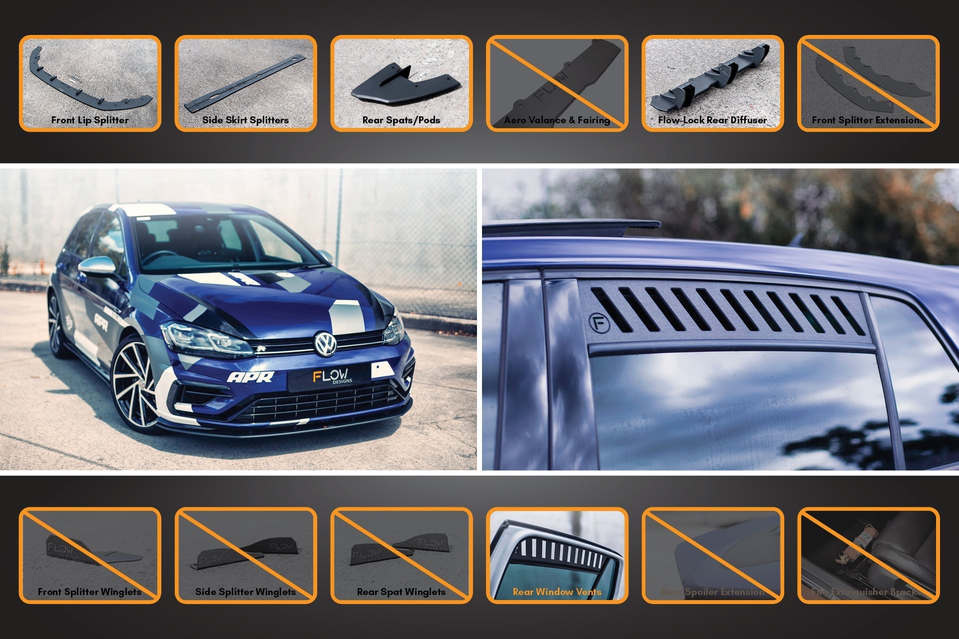 FLOW Designs  MK7.5 Golf R Full Lip Splitter Set with Flow-Lock Rear Diffuser - MODE Auto Concepts