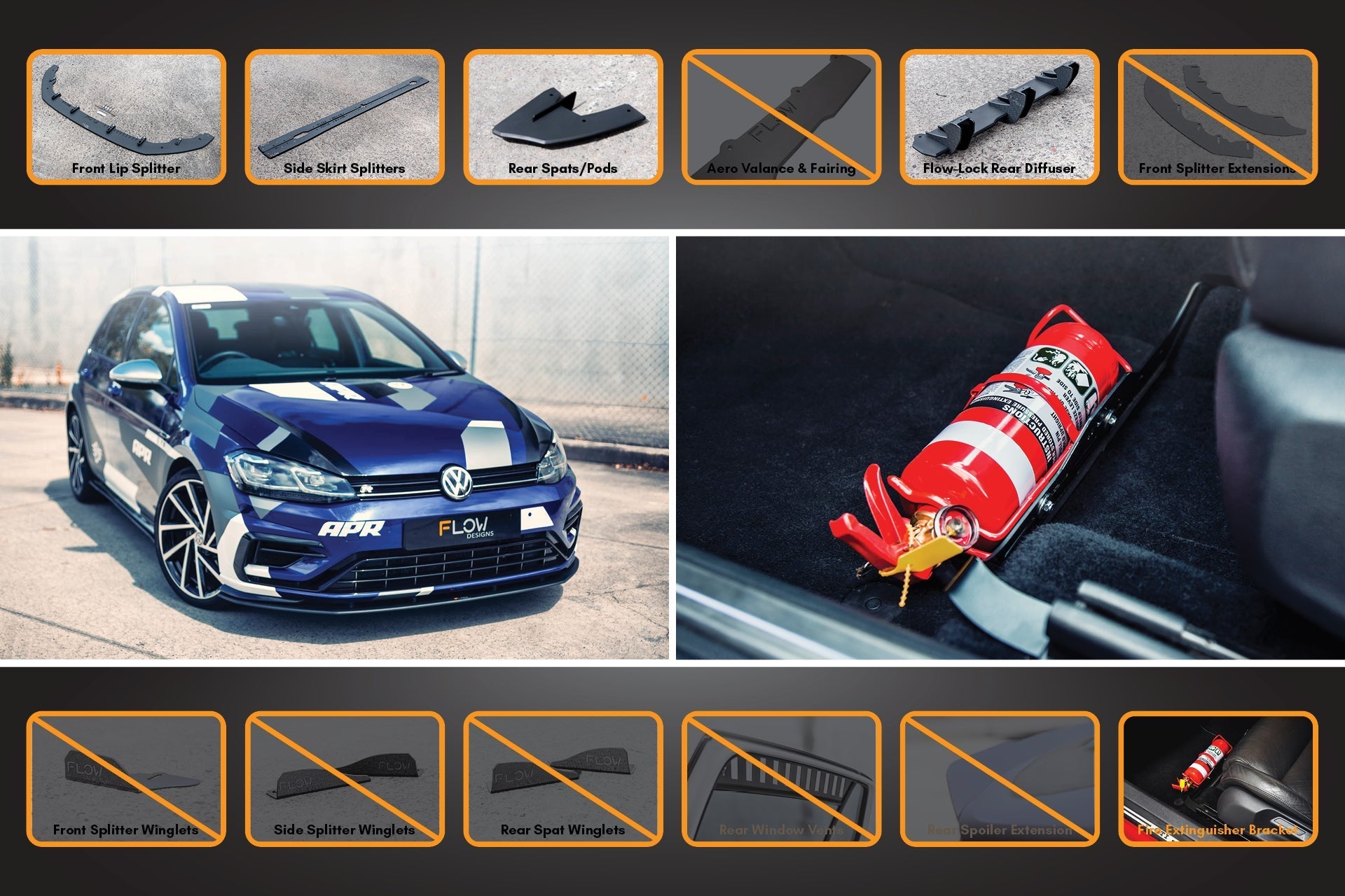 FLOW Designs  MK7.5 Golf R Full Lip Splitter Set with Flow-Lock Rear Diffuser - MODE Auto Concepts