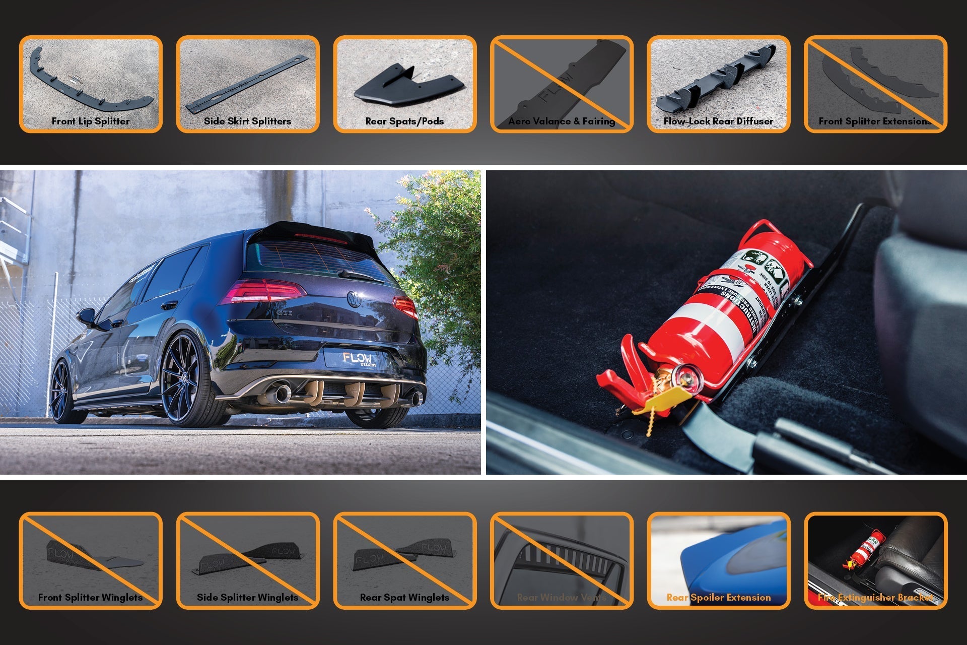 FLOW Designs  MK7.5 Golf R Full Lip Splitter Set with Flow-Lock Rear Diffuser - MODE Auto Concepts