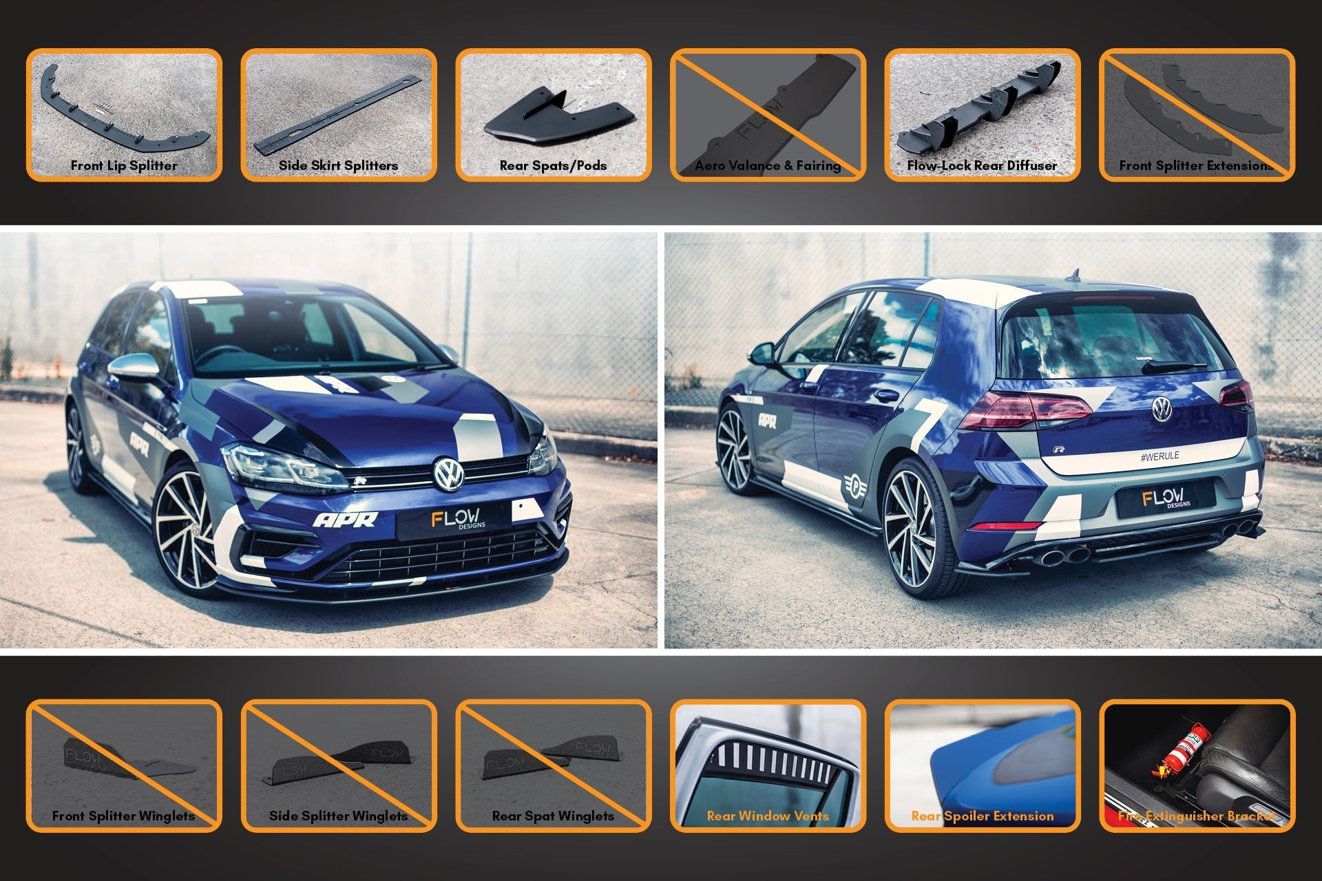 FLOW Designs  MK7.5 Golf R Full Lip Splitter Set with Flow-Lock Rear Diffuser - MODE Auto Concepts