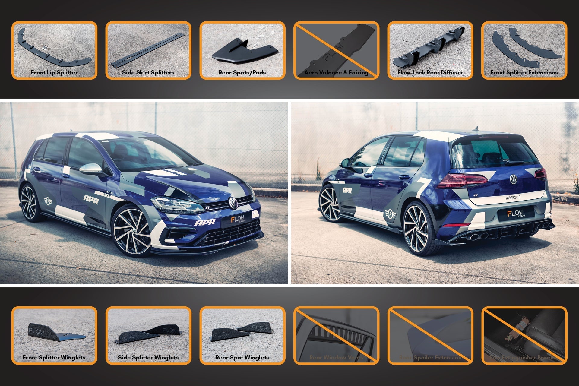 FLOW Designs  MK7.5 Golf R Full Lip Splitter Set with Flow-Lock Rear Diffuser - MODE Auto Concepts