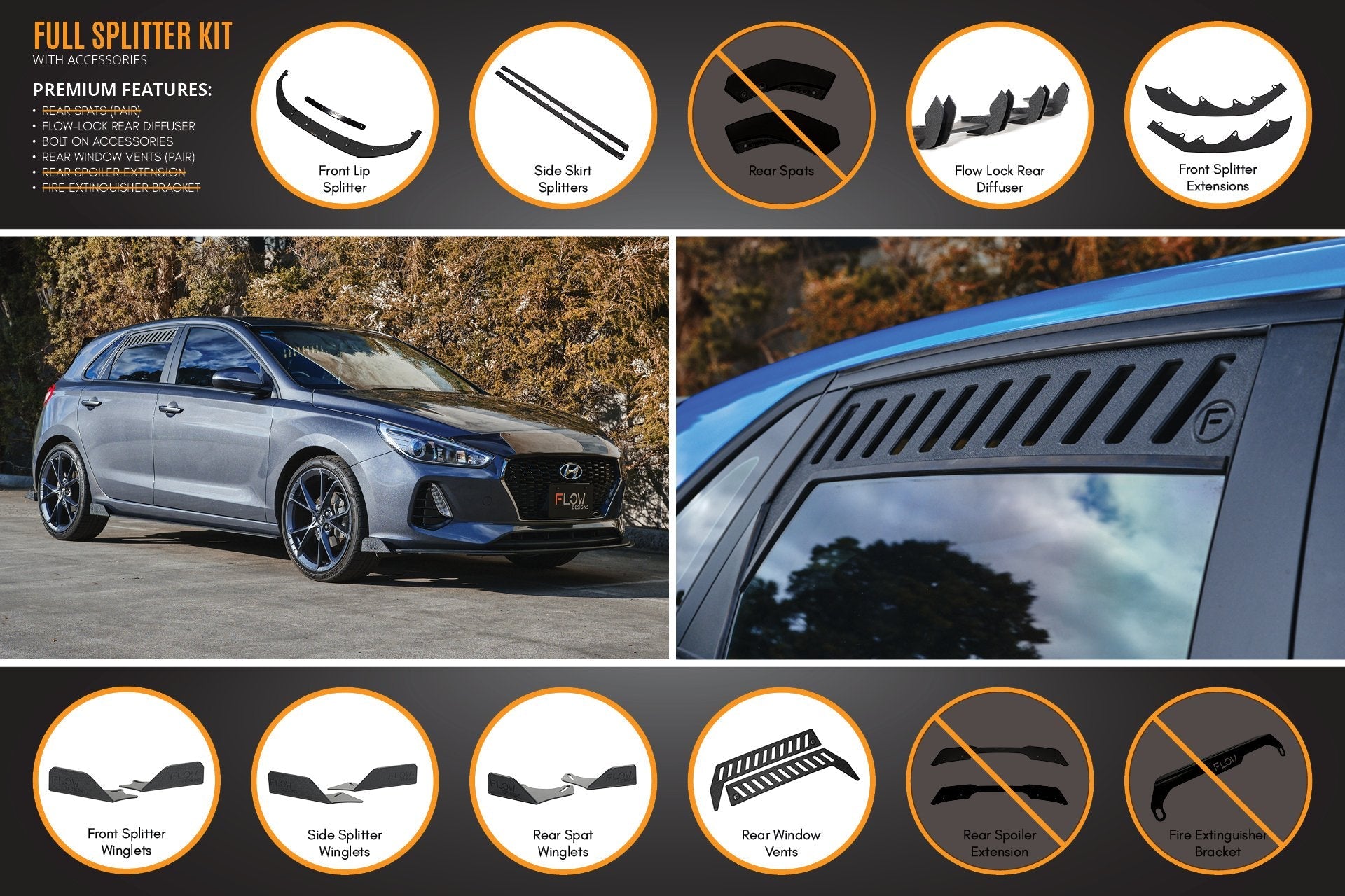 FLOW Designs  i30 Hatch PD1, PD2 2018-2020 Full Lip Splitter Set with Flow-Lock Rear Diffuser - MODE Auto Concepts
