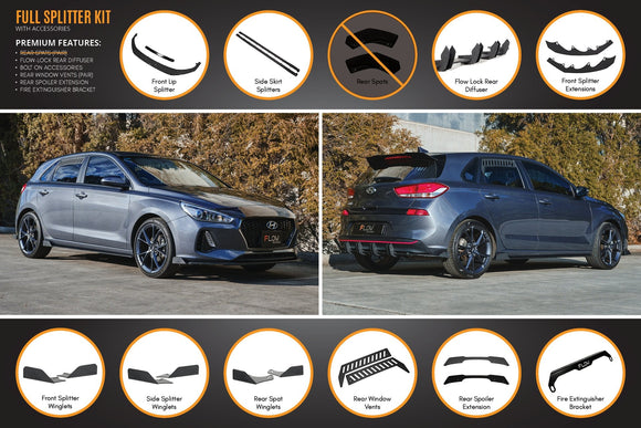FLOW Designs  i30 Hatch PD1, PD2 2018-2020 Full Lip Splitter Set with Flow-Lock Rear Diffuser - MODE Auto Concepts