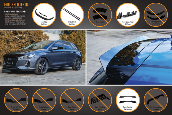 FLOW Designs  i30 Hatch PD1, PD2 2018-2020 Full Lip Splitter Set with Flow-Lock Rear Diffuser - MODE Auto Concepts