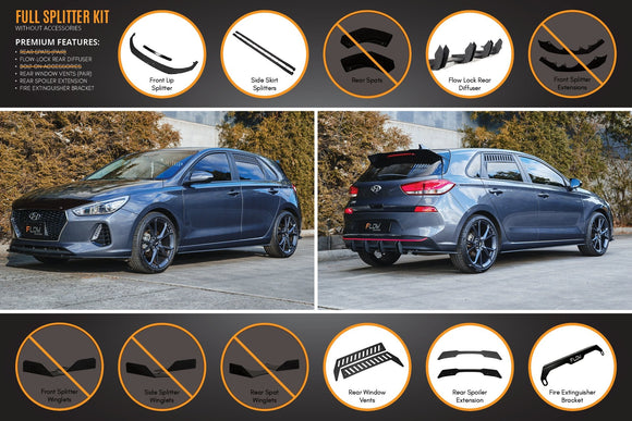 FLOW Designs  i30 Hatch PD1, PD2 2018-2020 Full Lip Splitter Set with Flow-Lock Rear Diffuser - MODE Auto Concepts