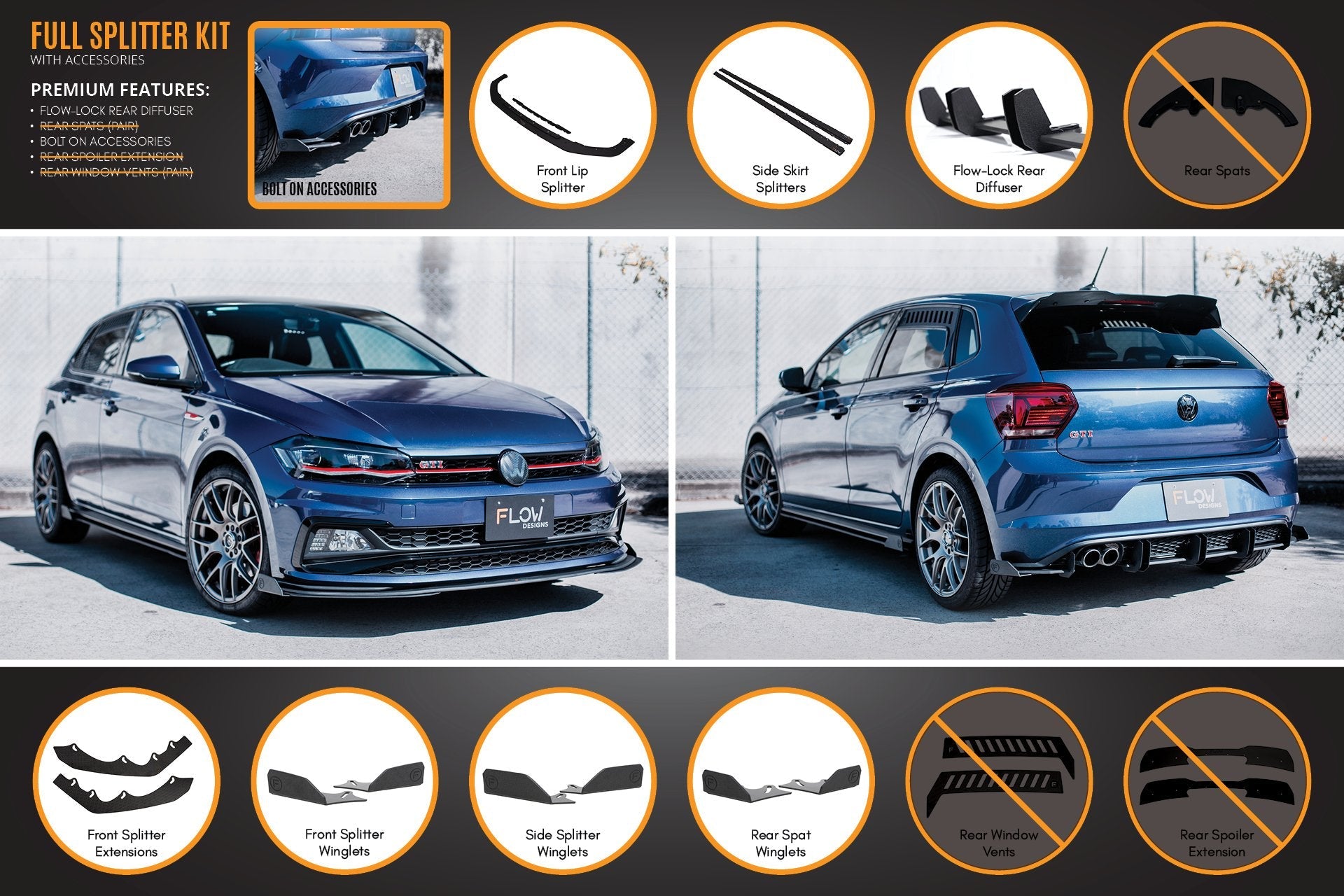 FLOW Designs  AW Polo GTI Full Splitter Set - MODE Auto Concepts