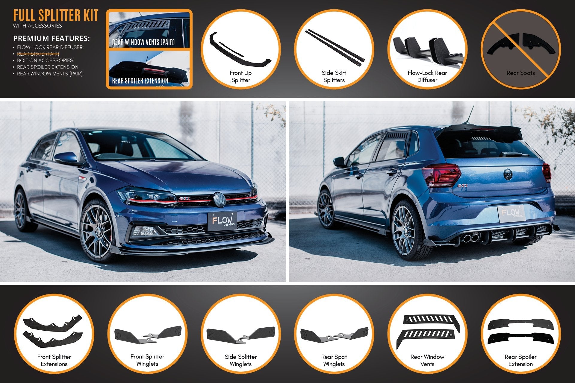 FLOW Designs  AW Polo GTI Full Splitter Set - MODE Auto Concepts