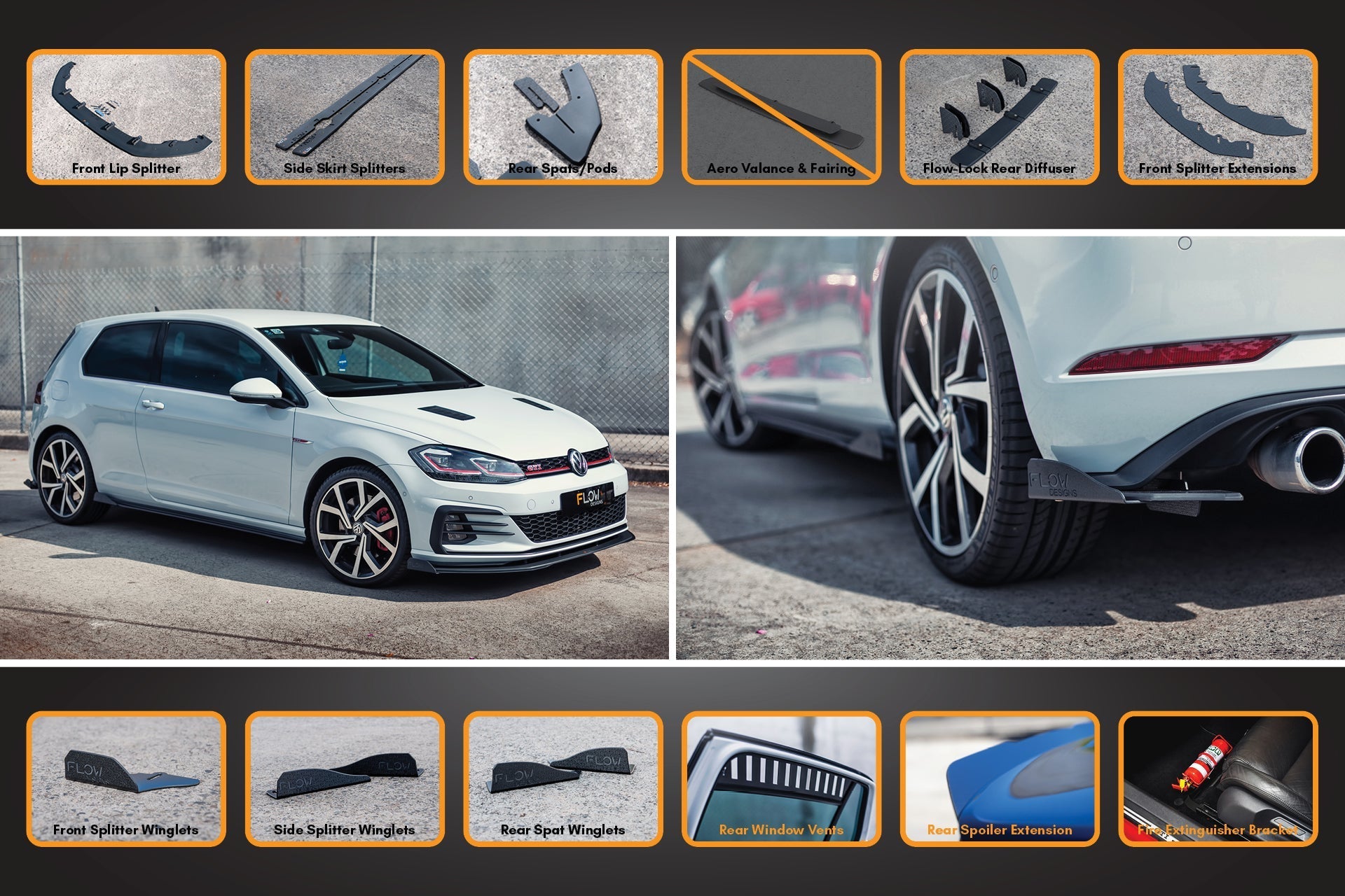 FLOW Designs  MK7.5 Golf GTI Full Lip Splitter Set with Flow-Lock Rear Diffuser