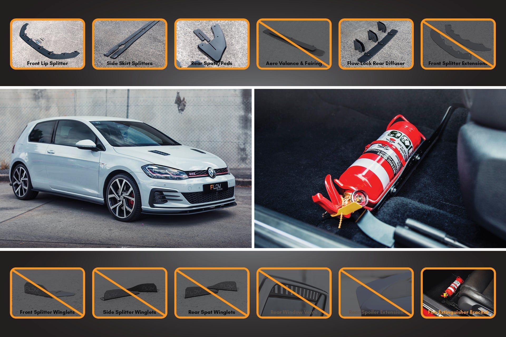 FLOW Designs  MK7.5 Golf GTI Full Lip Splitter Set with Flow-Lock Rear Diffuser