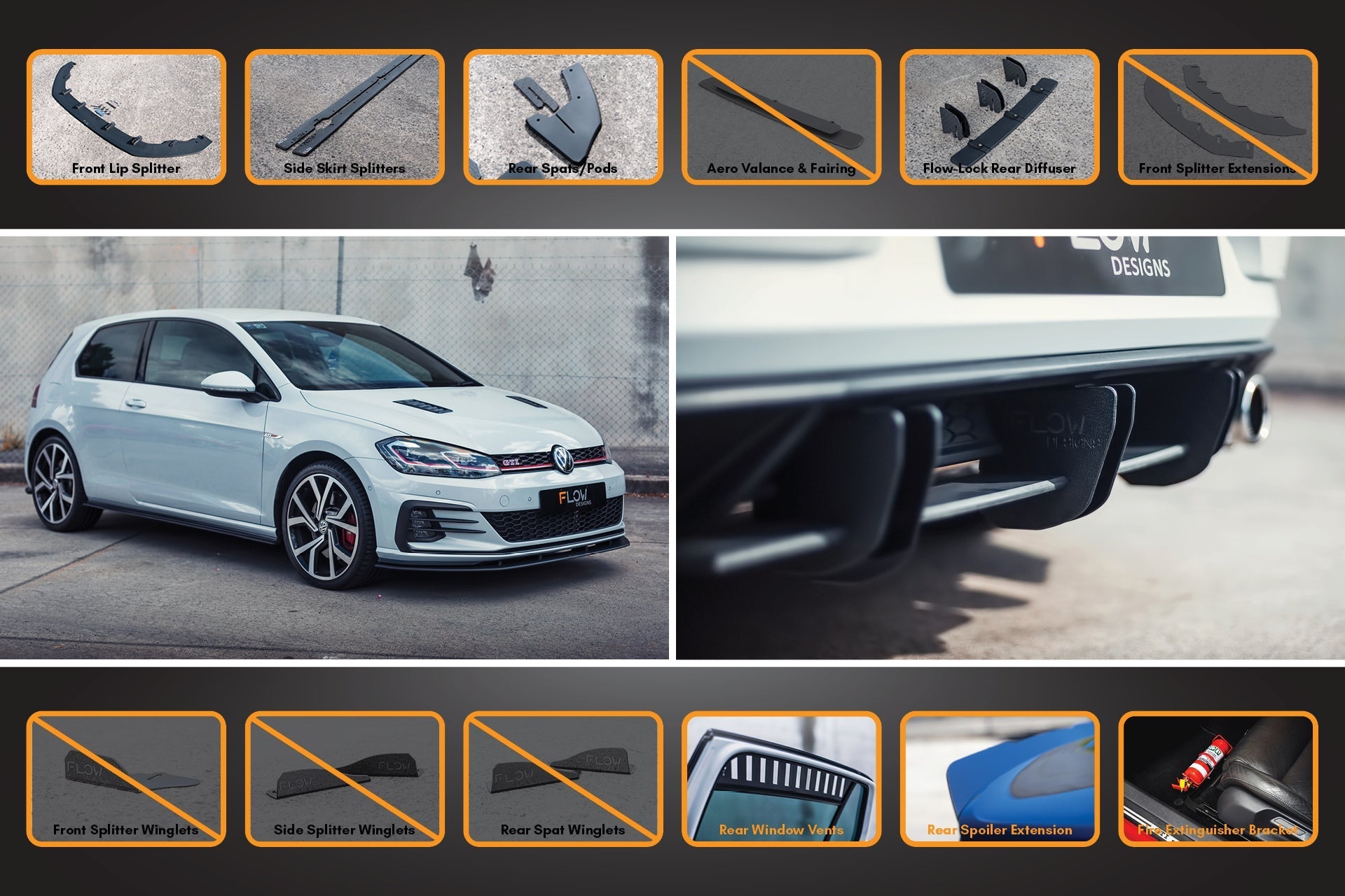FLOW Designs  MK7.5 Golf GTI Full Lip Splitter Set with Flow-Lock Rear Diffuser