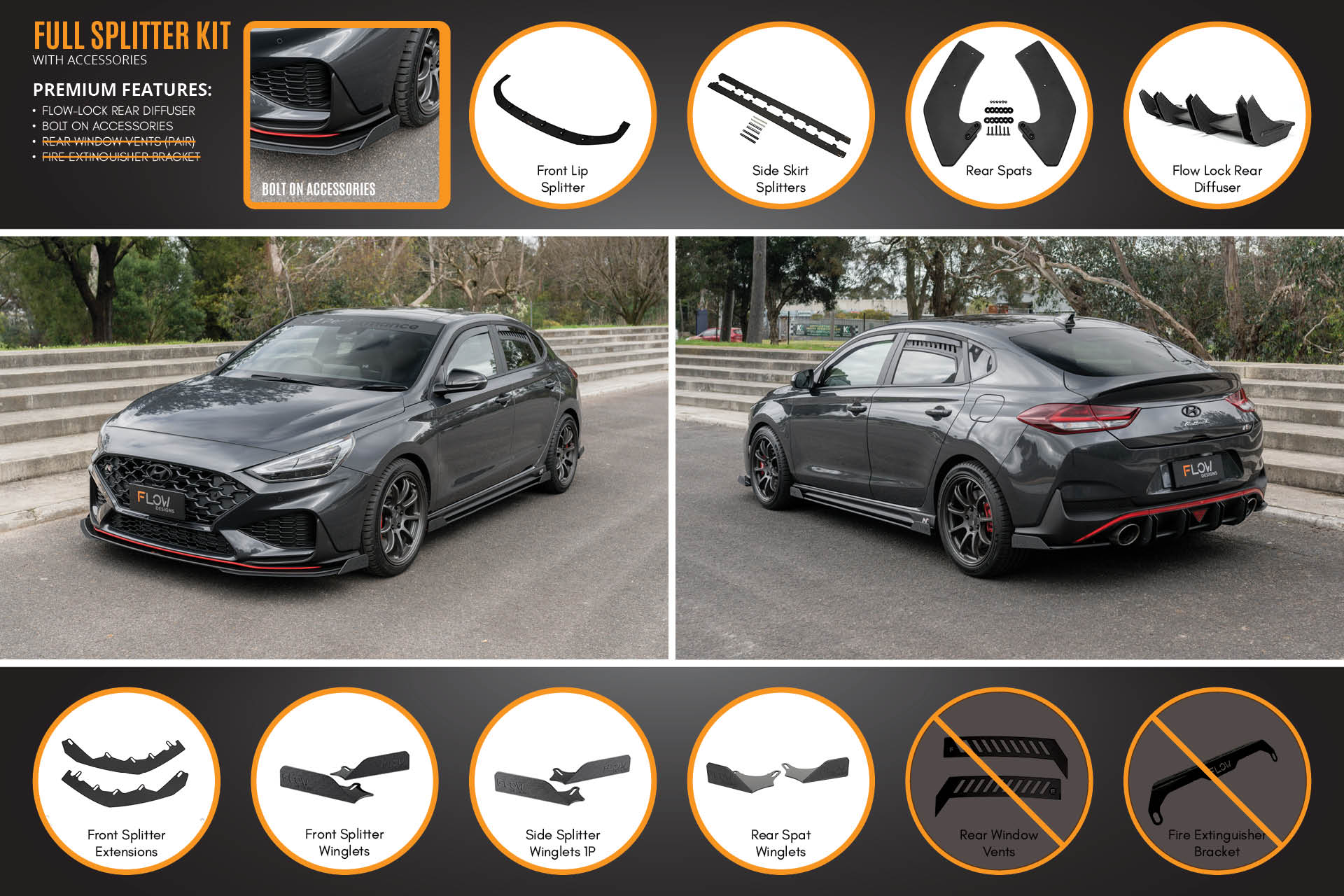 FLOW Designs  i30N Fastback PD FL 2022+ Full Lip Splitter Set - MODE Auto Concepts