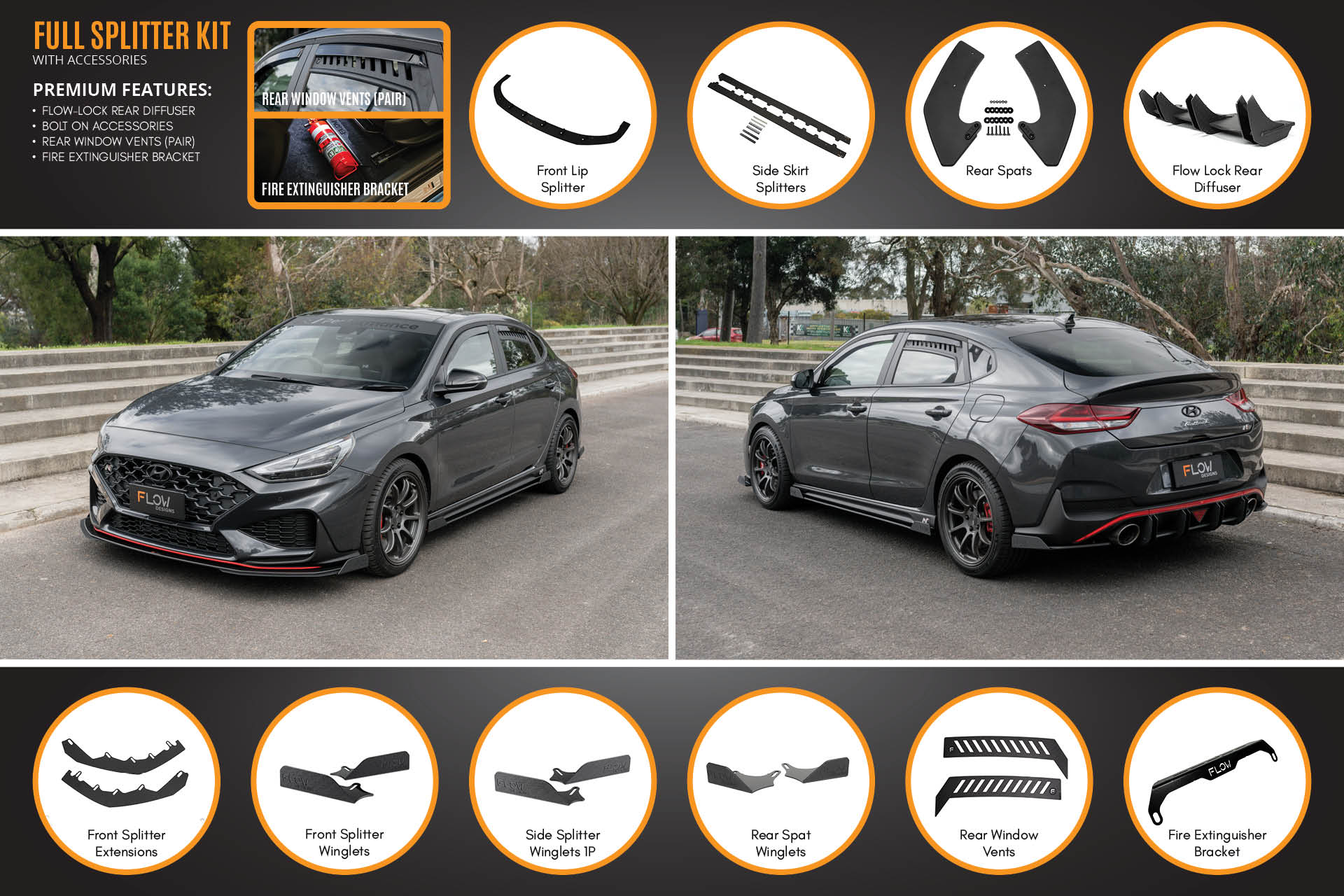 FLOW Designs  i30N Fastback PD FL 2022+ Full Lip Splitter Set - MODE Auto Concepts
