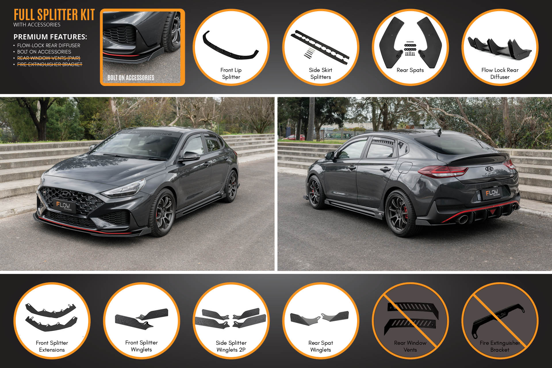 FLOW Designs  i30N Fastback PD FL 2022+ Full Lip Splitter Set - MODE Auto Concepts