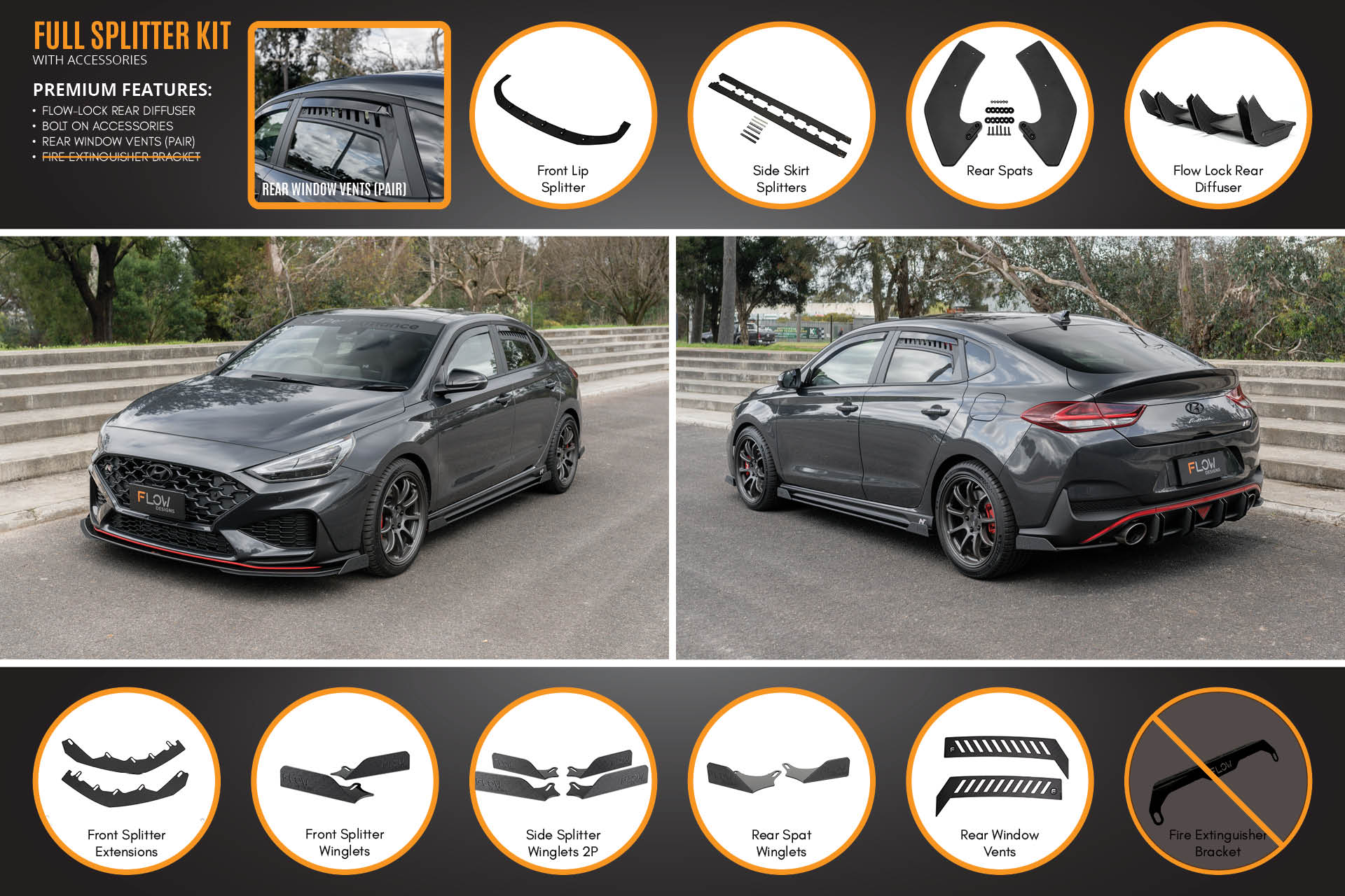 FLOW Designs  i30N Fastback PD FL 2022+ Full Lip Splitter Set - MODE Auto Concepts