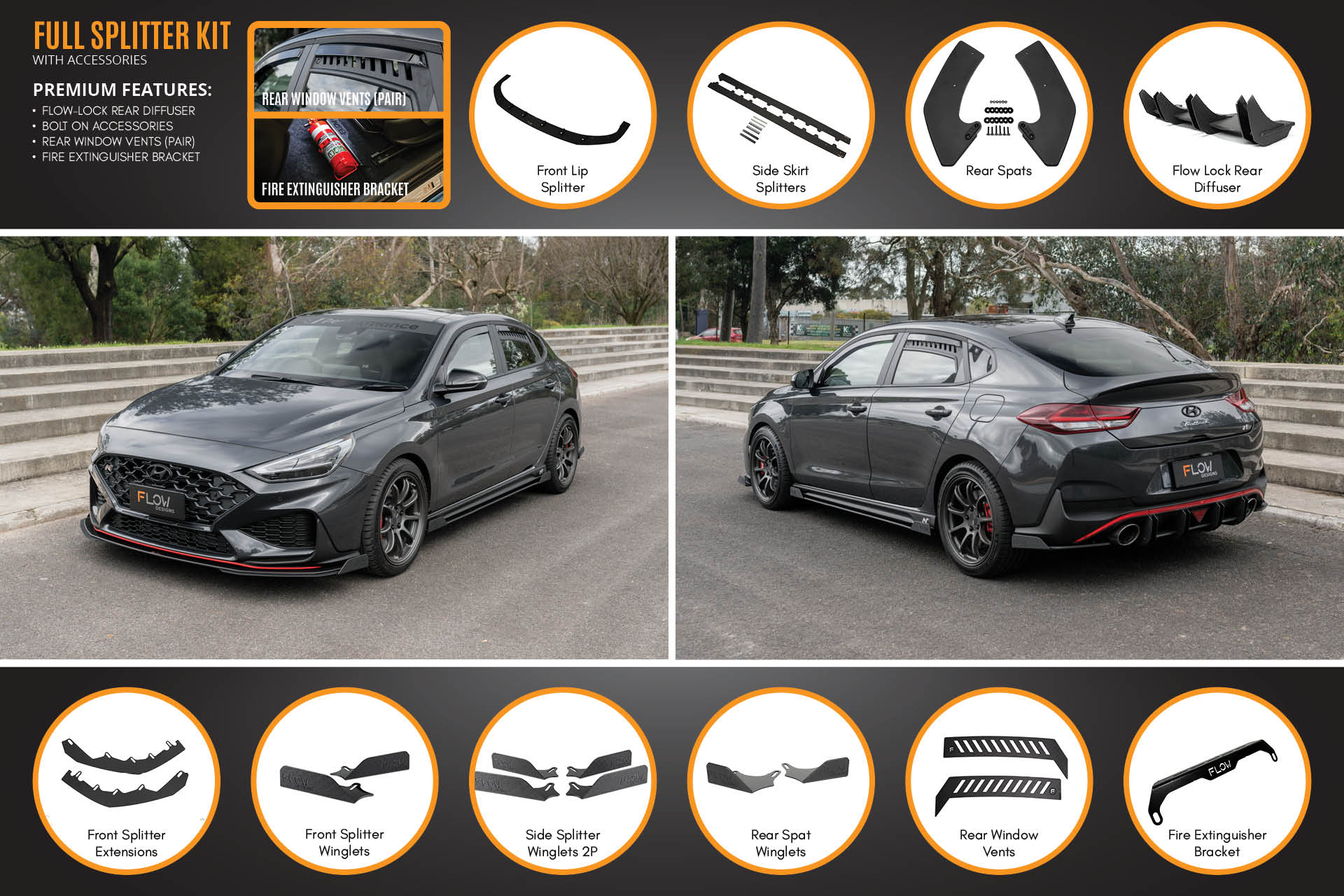 FLOW Designs  i30N Fastback PD FL 2022+ Full Lip Splitter Set - MODE Auto Concepts