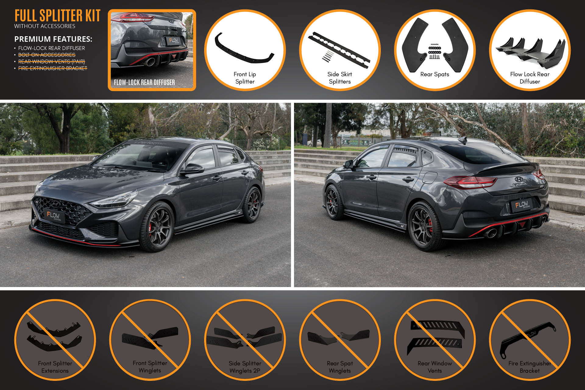 FLOW Designs  i30N Fastback PD FL 2022+ Full Lip Splitter Set - MODE Auto Concepts