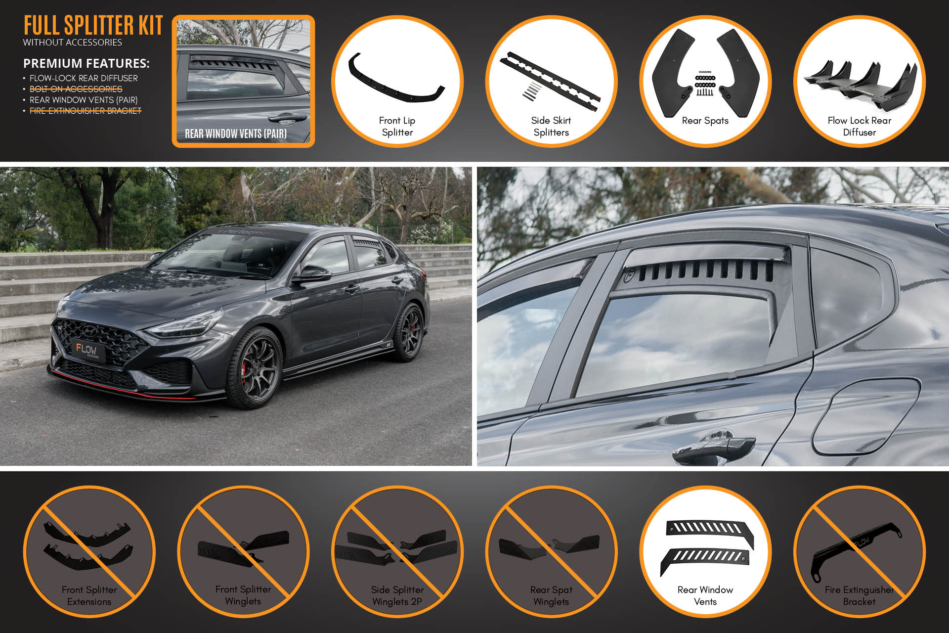 FLOW Designs  i30N Fastback PD FL 2022+ Full Lip Splitter Set - MODE Auto Concepts