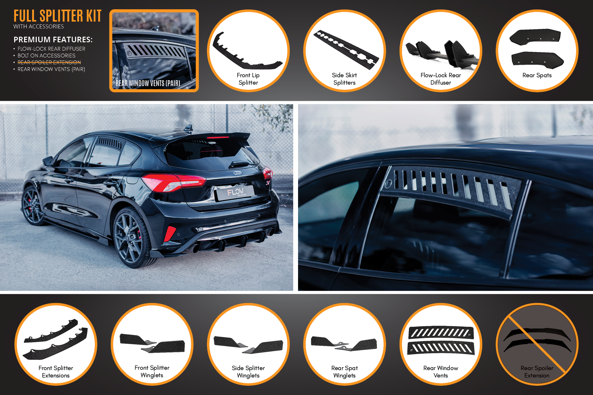 FLOW Designs  MK4 & MK4.5 Focus ST Full Lip Splitter Set - MODE Auto Concepts