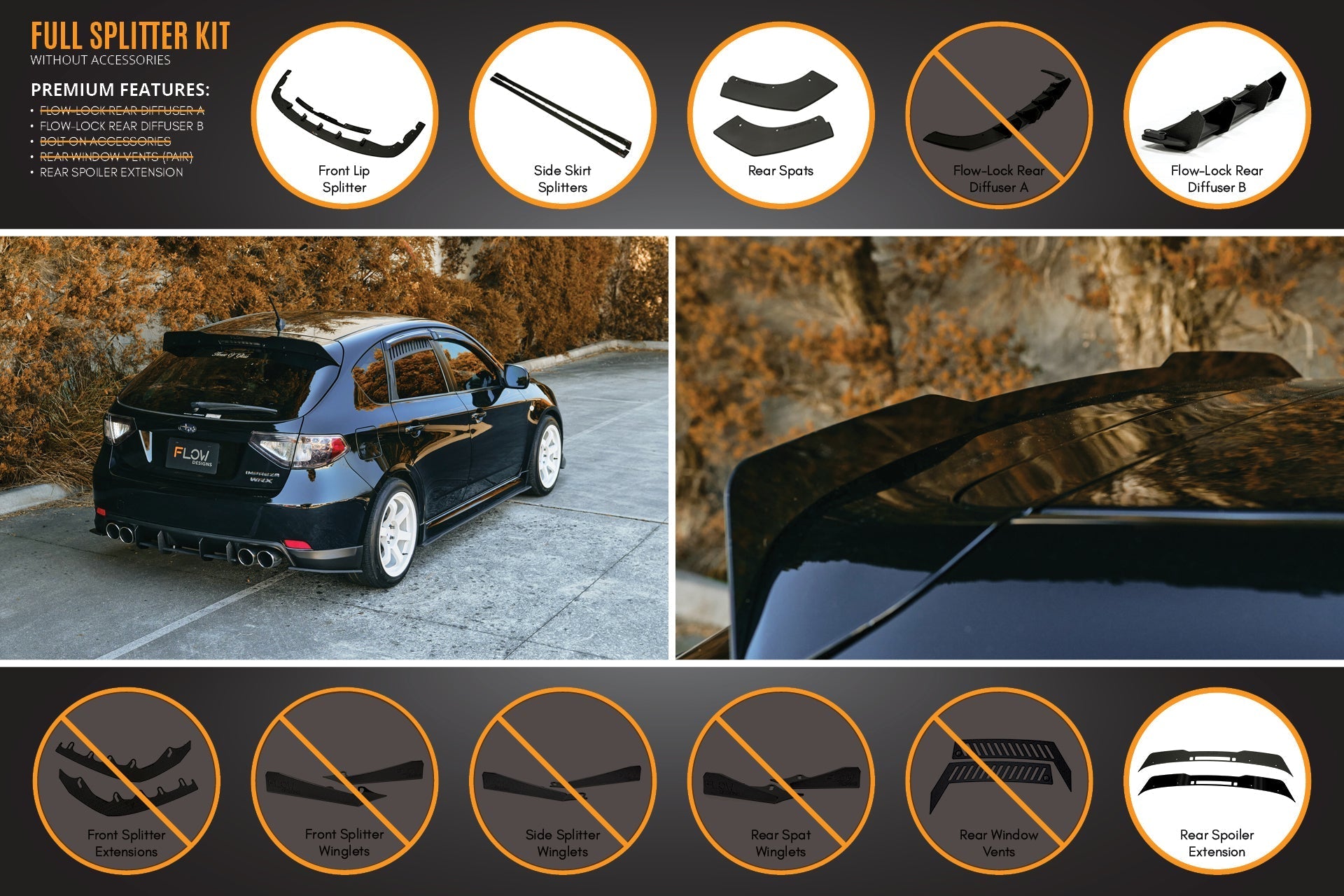 FLOW Designs  Impreza WRX/RS G3 Hatch PFL Full Lip Splitter Set - MODE Auto Concepts