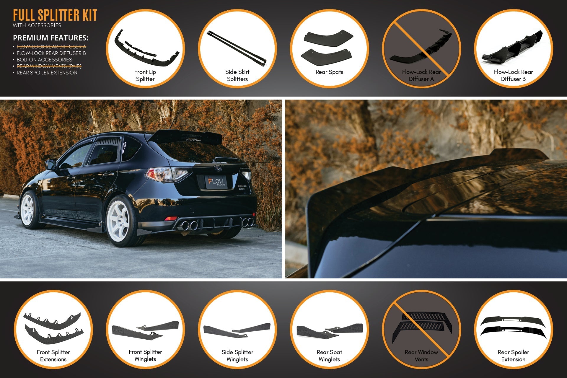 FLOW Designs  Impreza WRX/RS G3 Hatch PFL Full Lip Splitter Set - MODE Auto Concepts