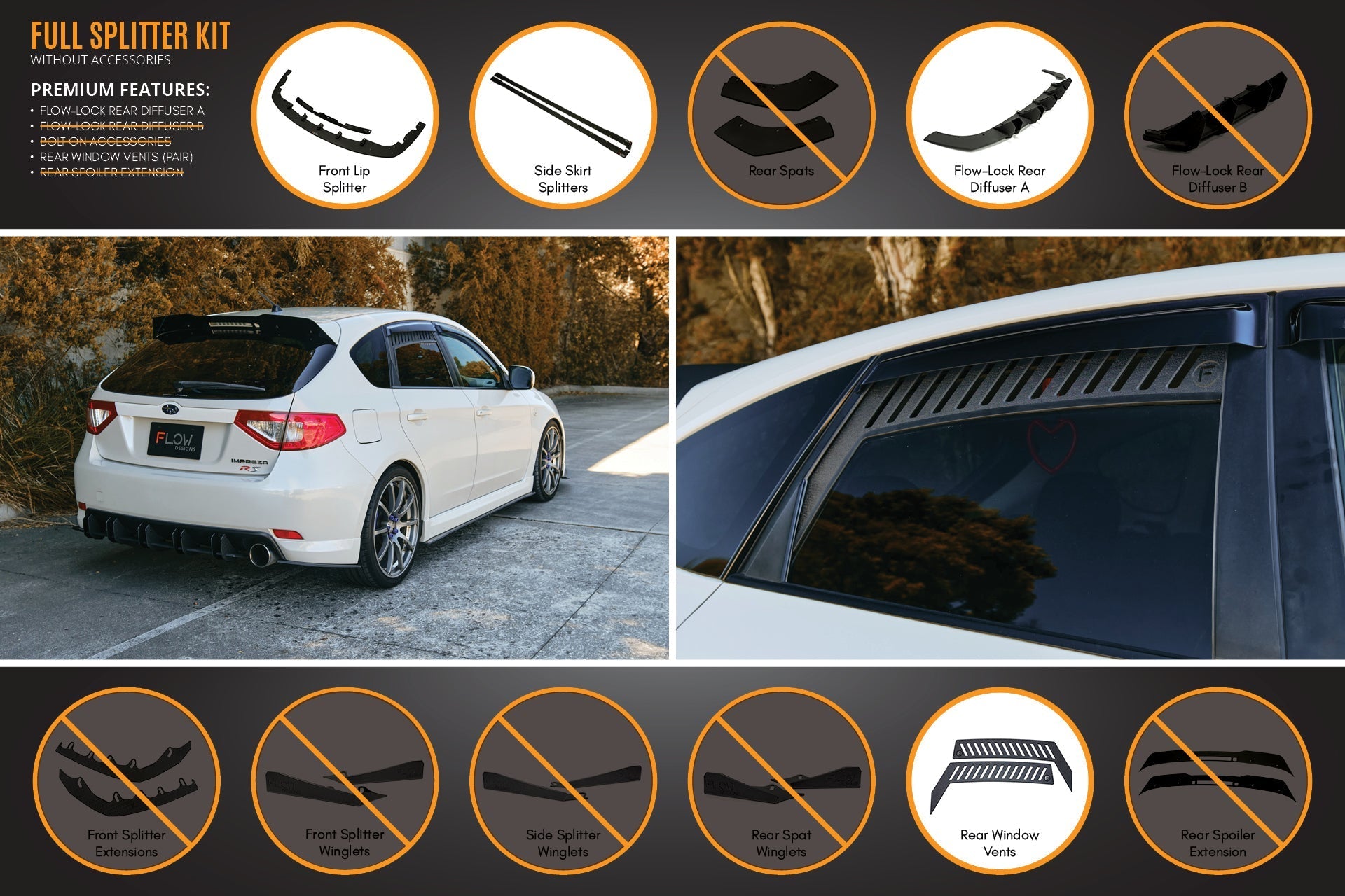 FLOW Designs  Impreza WRX/RS G3 Hatch PFL Full Lip Splitter Set - MODE Auto Concepts