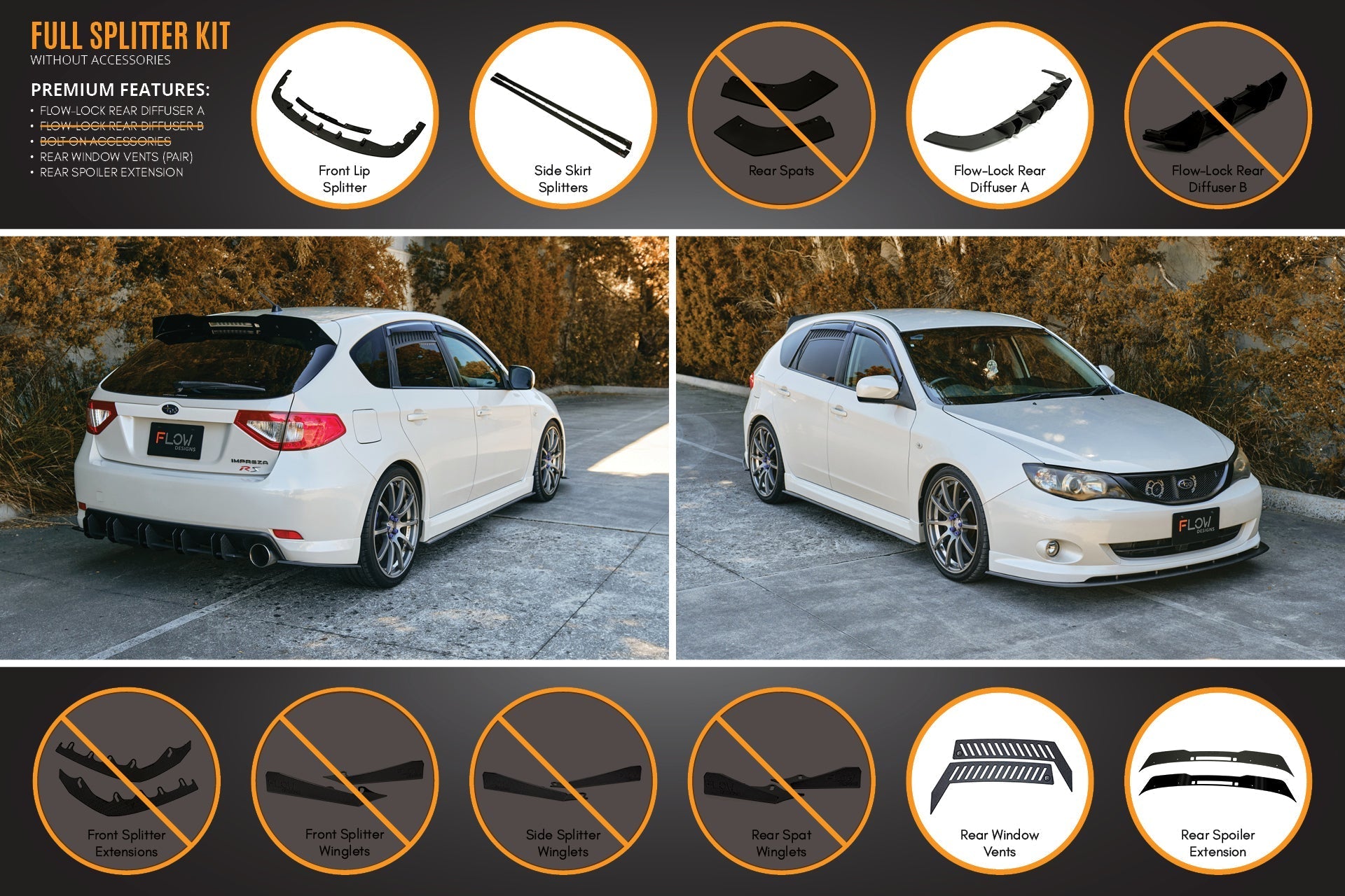 FLOW Designs  Impreza WRX/RS G3 Hatch PFL Full Lip Splitter Set - MODE Auto Concepts
