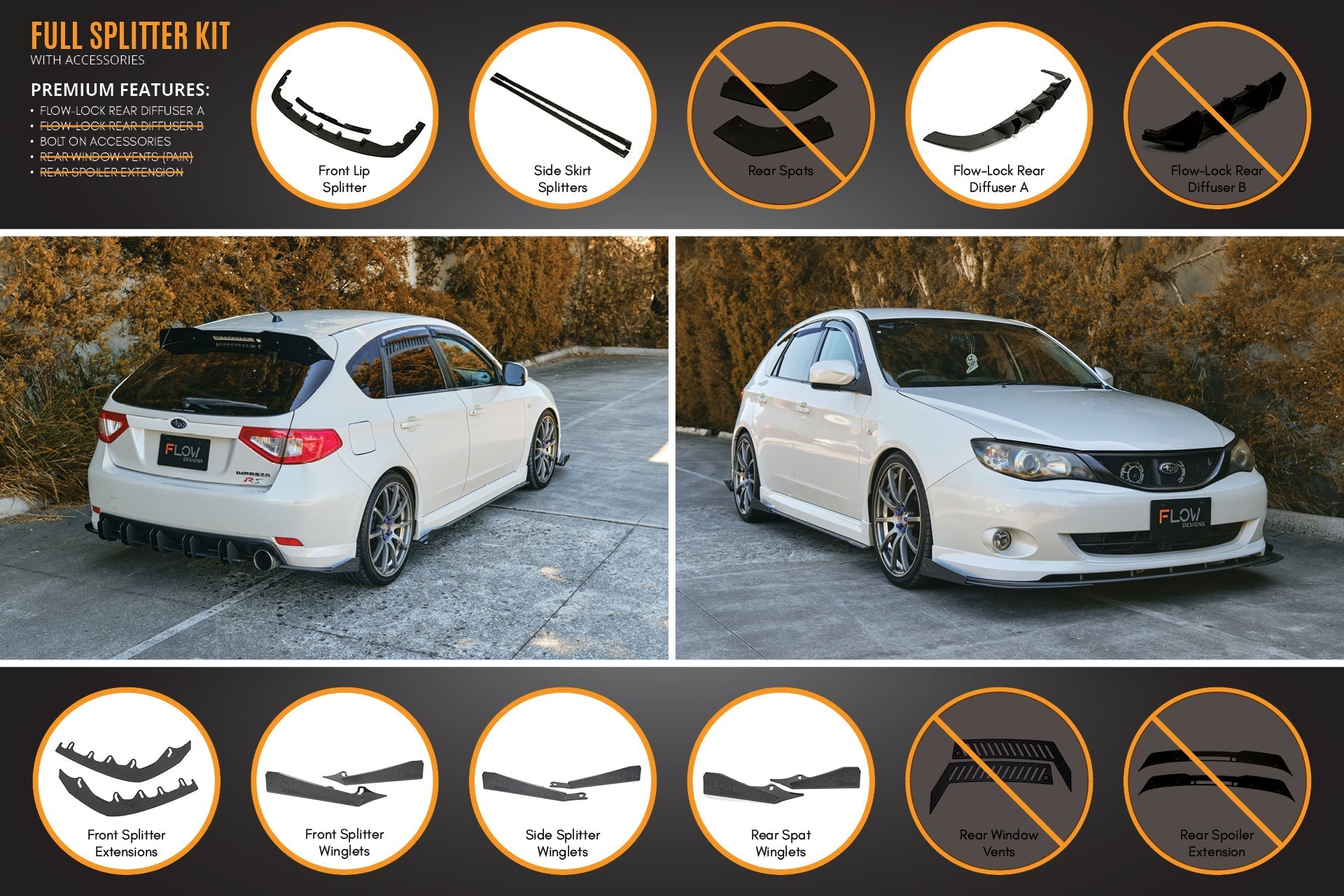 FLOW Designs  Impreza WRX/RS G3 Hatch PFL Full Lip Splitter Set - MODE Auto Concepts