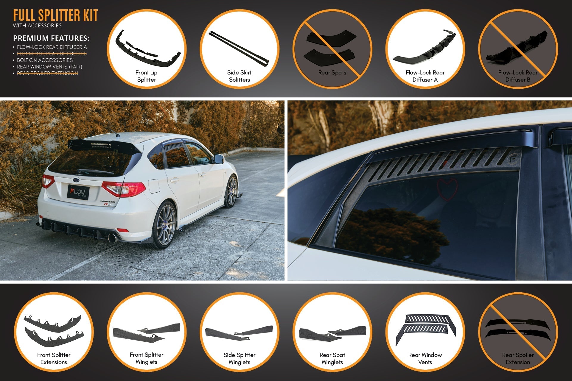 FLOW Designs  Impreza WRX/RS G3 Hatch PFL Full Lip Splitter Set - MODE Auto Concepts