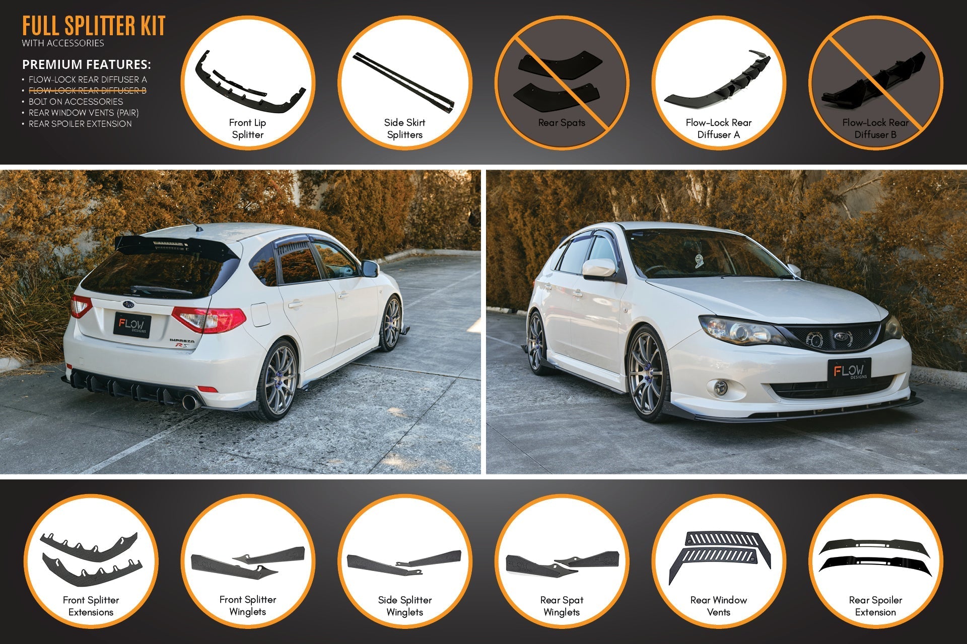 FLOW Designs  Impreza WRX/RS G3 Hatch PFL Full Lip Splitter Set - MODE Auto Concepts