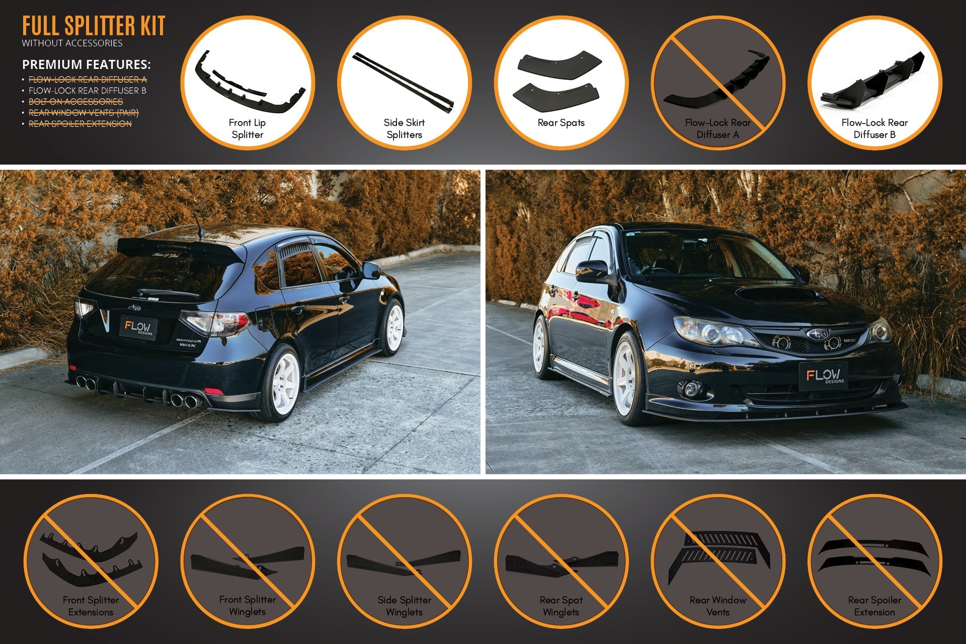 FLOW Designs  Impreza WRX/RS G3 Hatch PFL Full Lip Splitter Set - MODE Auto Concepts