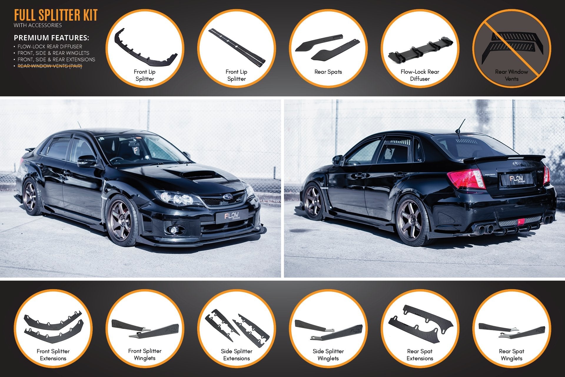 FLOW Designs  Impreza WRX / STI G3 Sedan FL Full Lip Splitter Set - MODE Auto Concepts