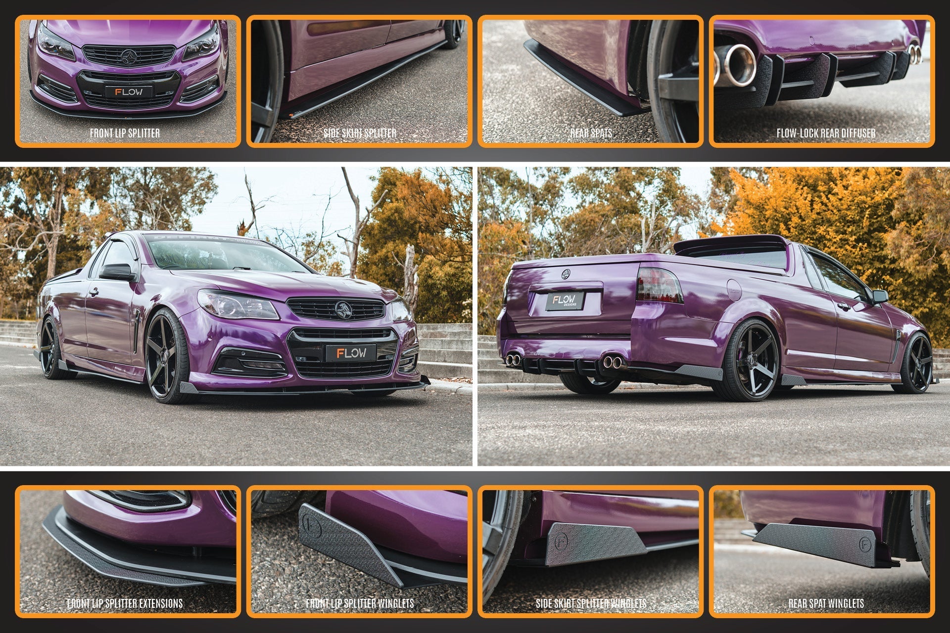 FLOW Designs  VF Commodore S1 Ute Full Lip Splitter Set - MODE Auto Concepts