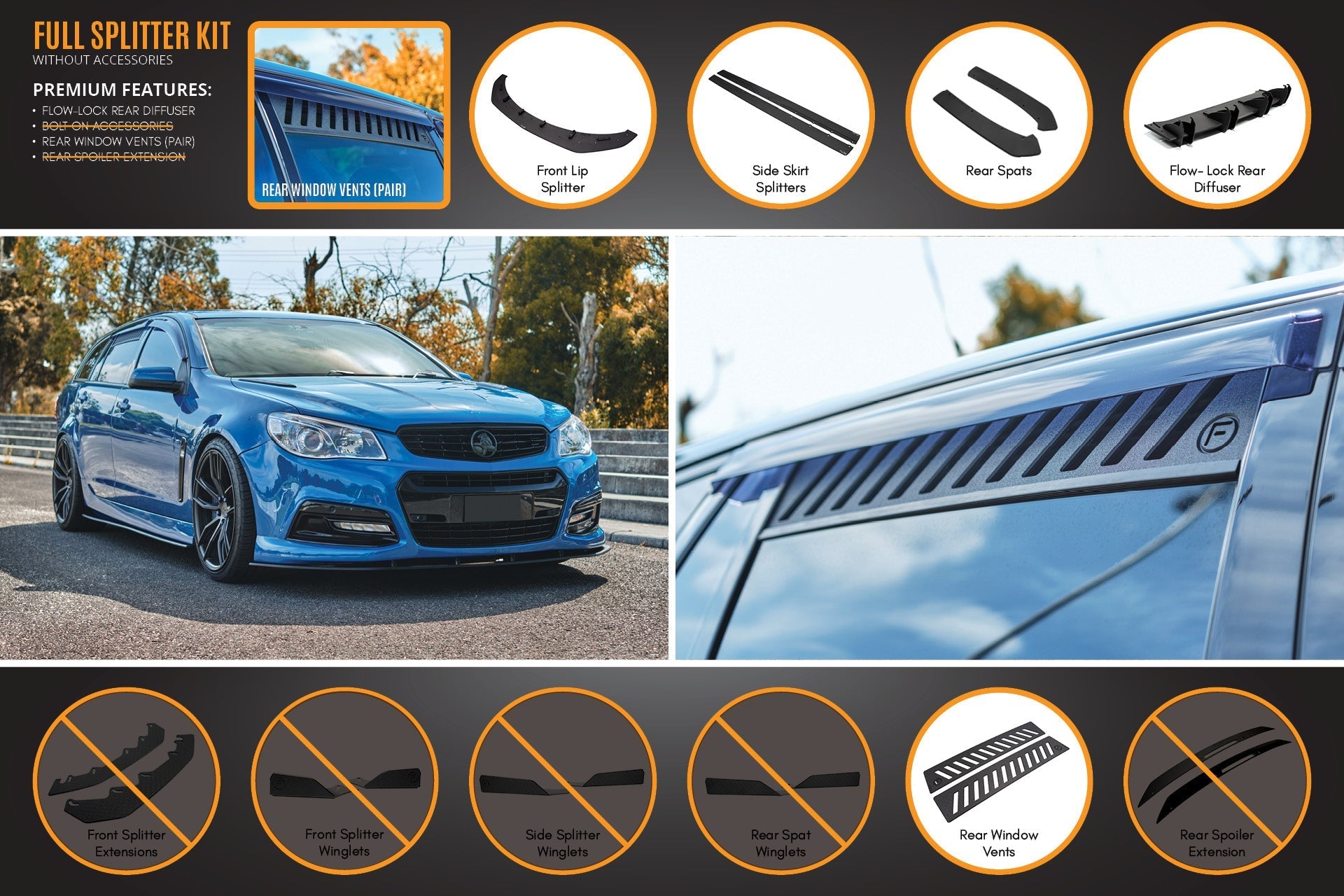 FLOW Designs  VF Commodore S1 Wagon Full Lip Splitter Set - MODE Auto Concepts