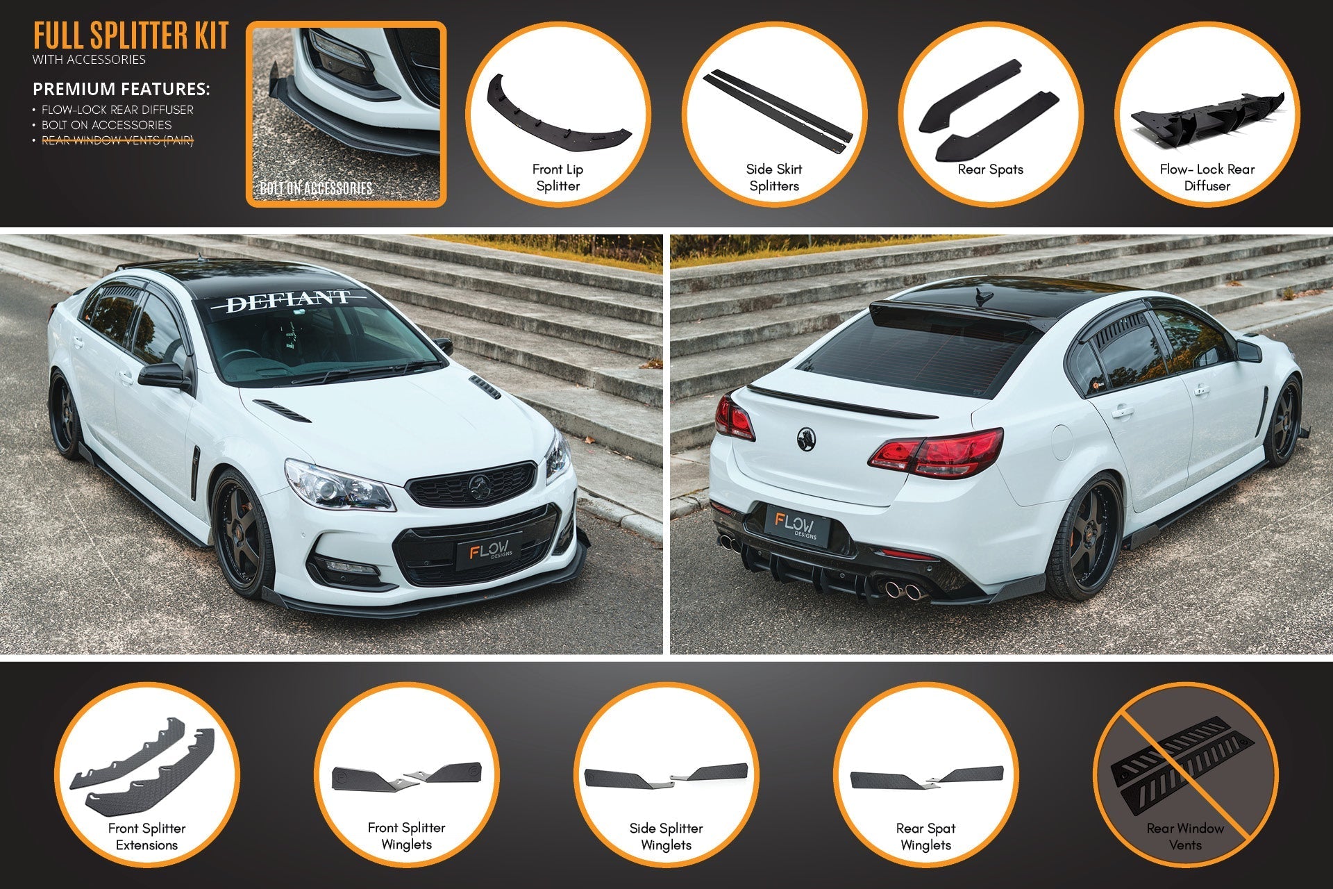 FLOW Designs  VF Commodore S2 Sedan Full Lip Splitter Set - MODE Auto Concepts