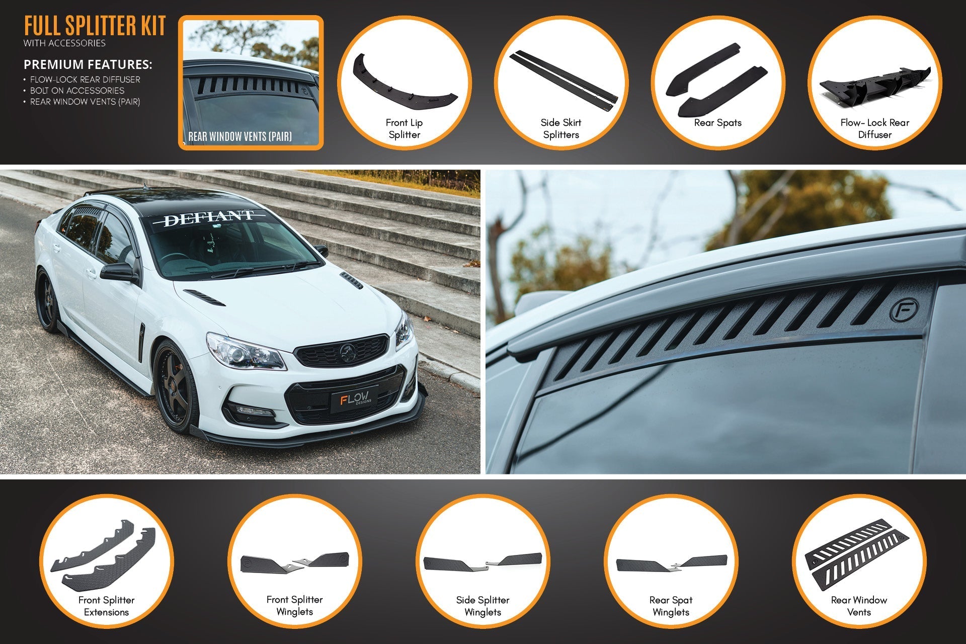 FLOW Designs  VF Commodore S2 Sedan Full Lip Splitter Set - MODE Auto Concepts
