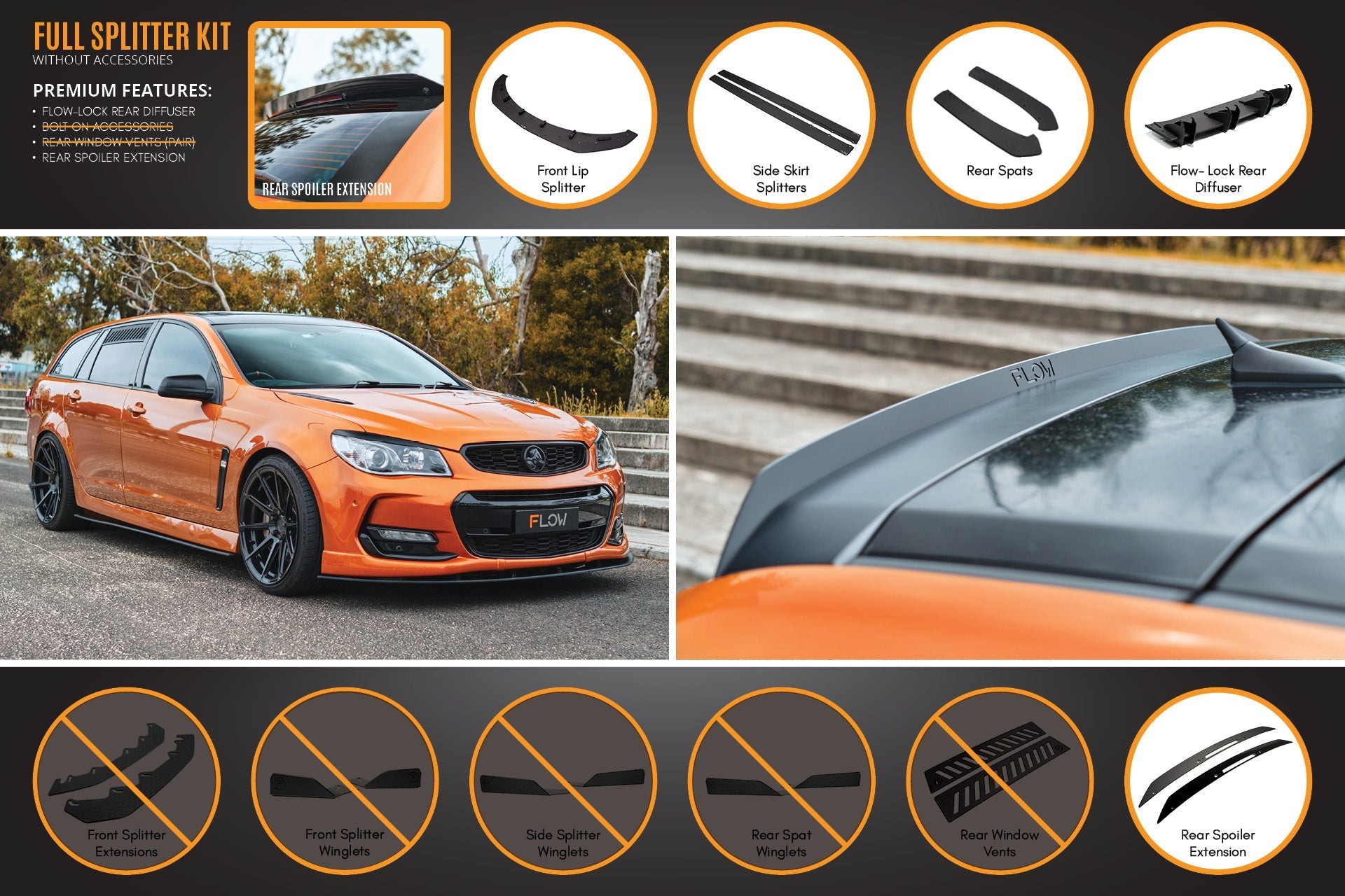 FLOW Designs  VF Commodore S2 Wagon Full Lip Splitter Set - MODE Auto Concepts
