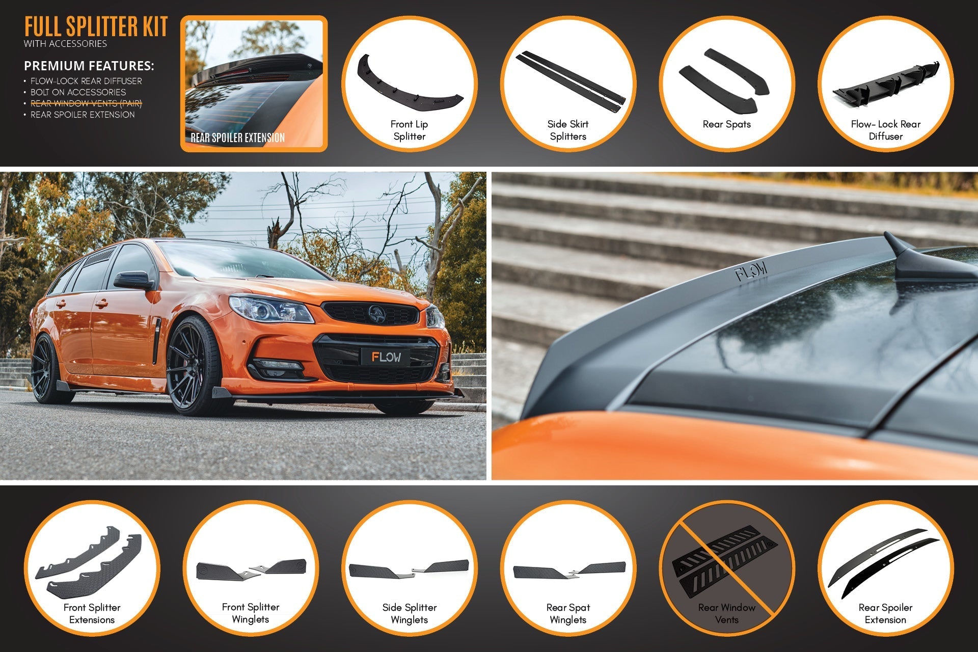 FLOW Designs  VF Commodore S2 Wagon Full Lip Splitter Set - MODE Auto Concepts