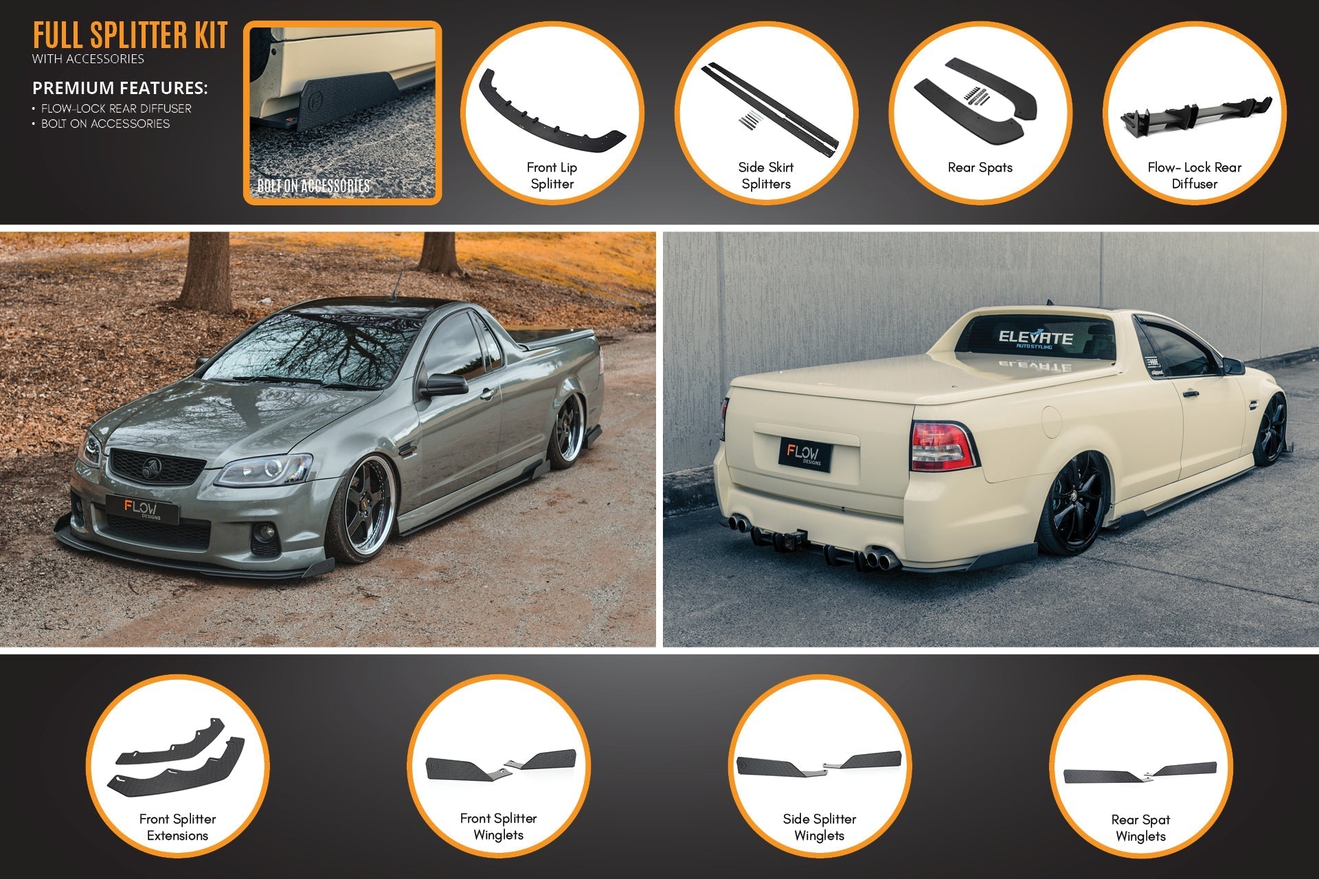 FLOW Designs  VE Commodore Ute Full Lip Splitter Set - MODE Auto Concepts