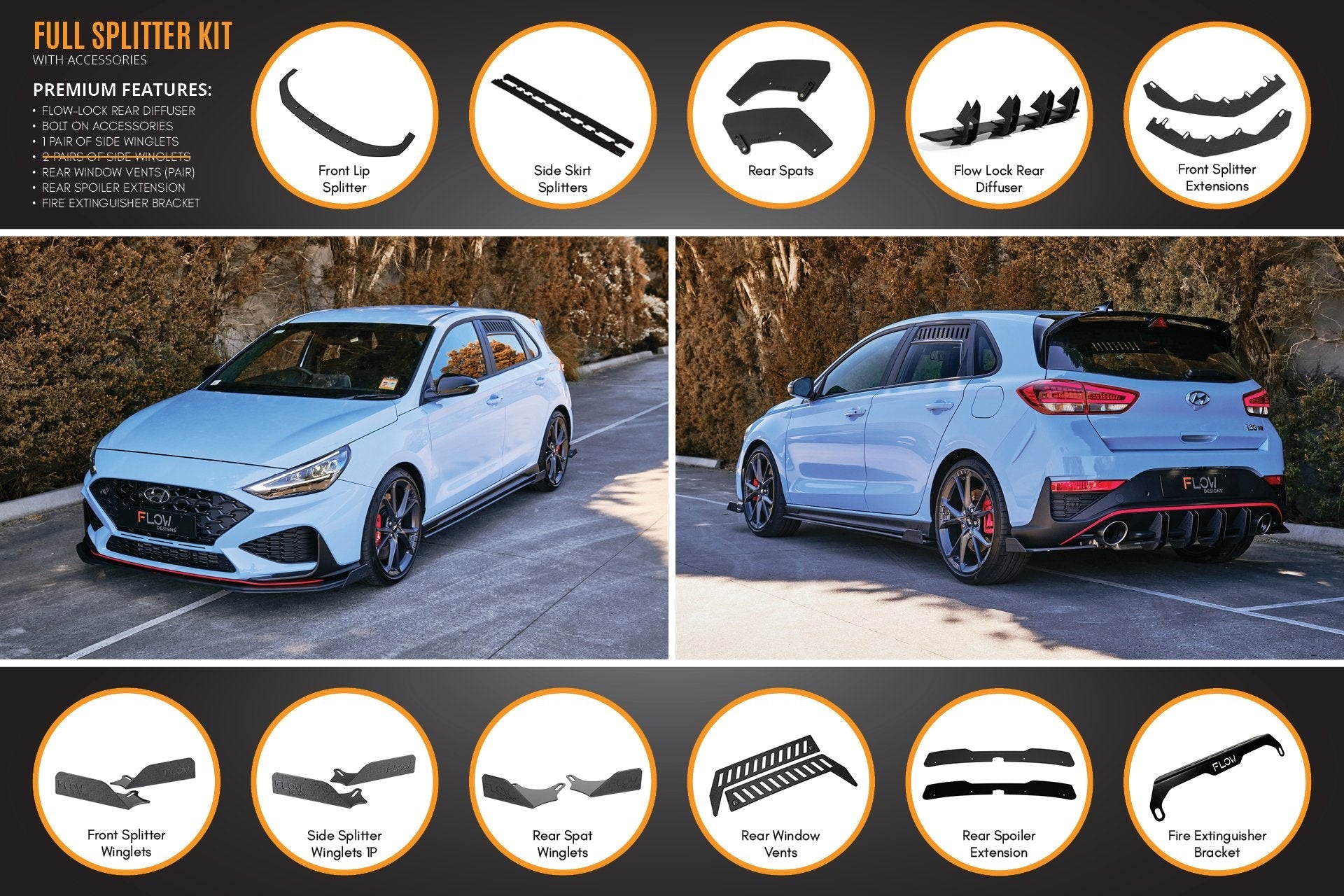 FLOW Designs  i30N Hatch PD FL 2021 Full Lip Splitter Set - MODE Auto Concepts