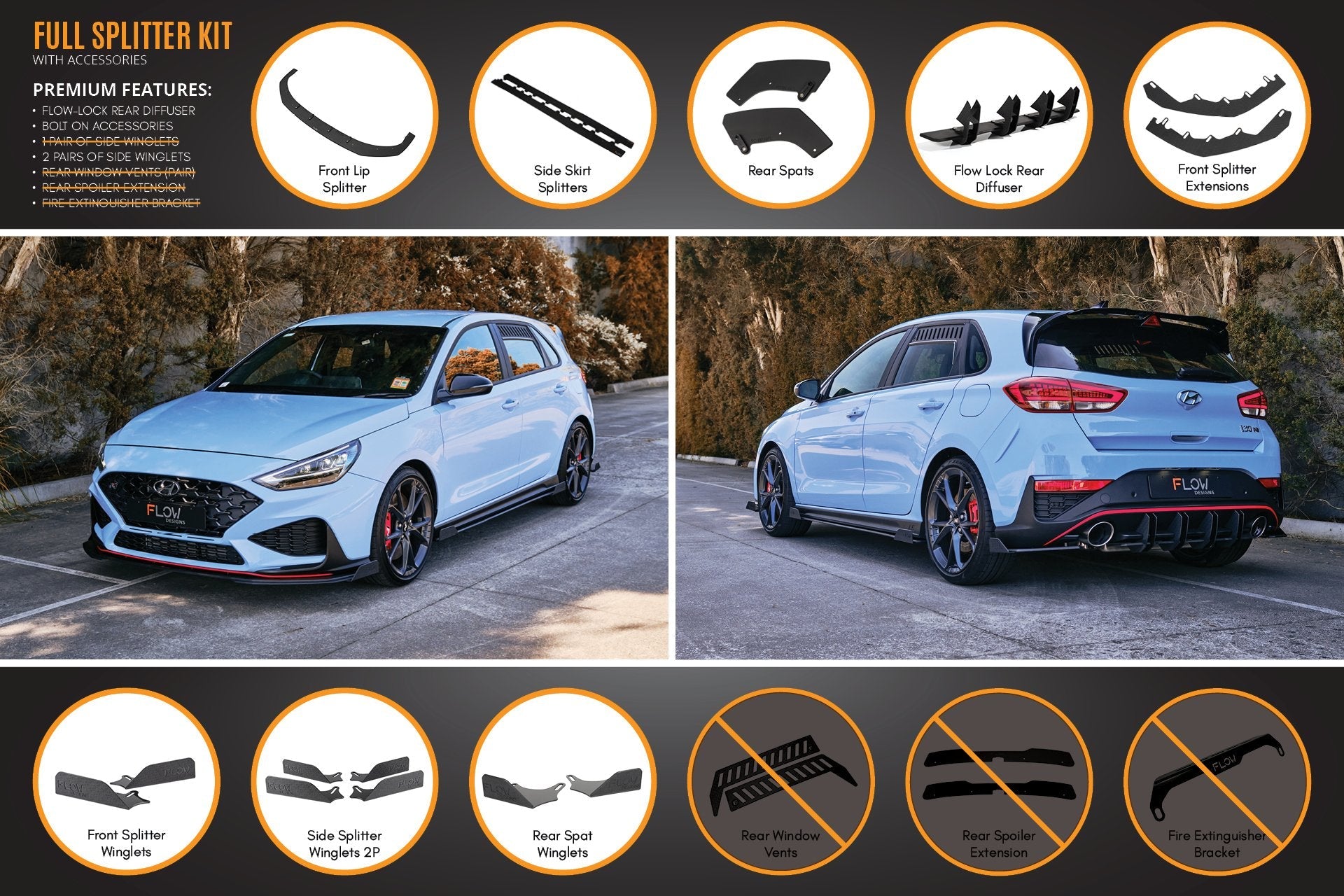 FLOW Designs  i30N Hatch PD FL 2021 Full Lip Splitter Set - MODE Auto Concepts